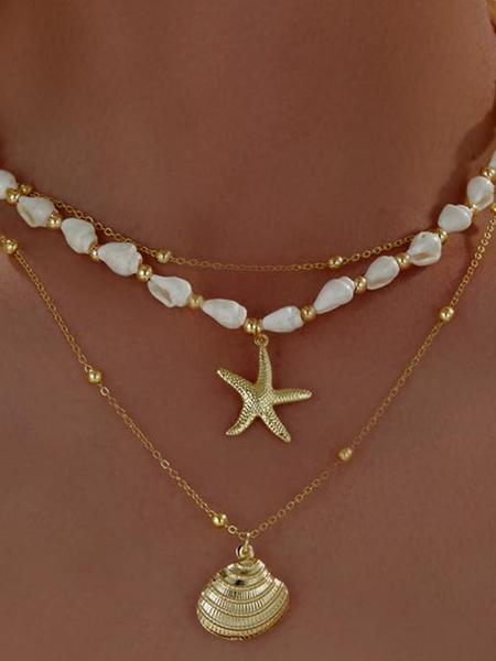 Seashell Starfish Necklace for Women Conch Shell Summer Pearl Beach 14k Gold Layered Dainty Choker