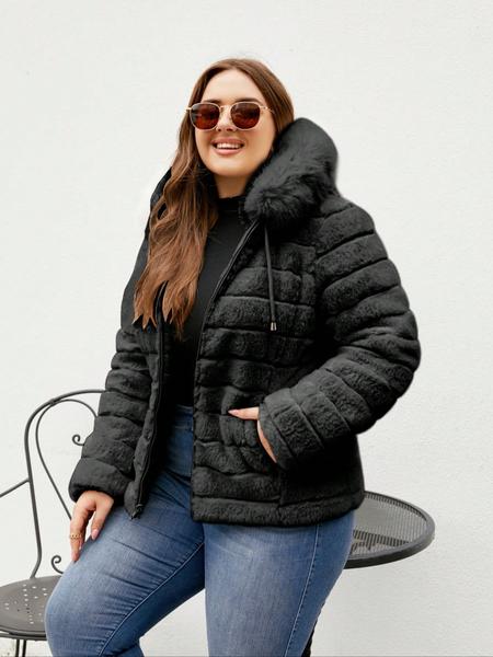 Women's Plus Size Hooded Jacket with Faux Fur Lining, Casual Fall & Winter Reversible Padded Coat, Warm Woven Fabric Outerwear