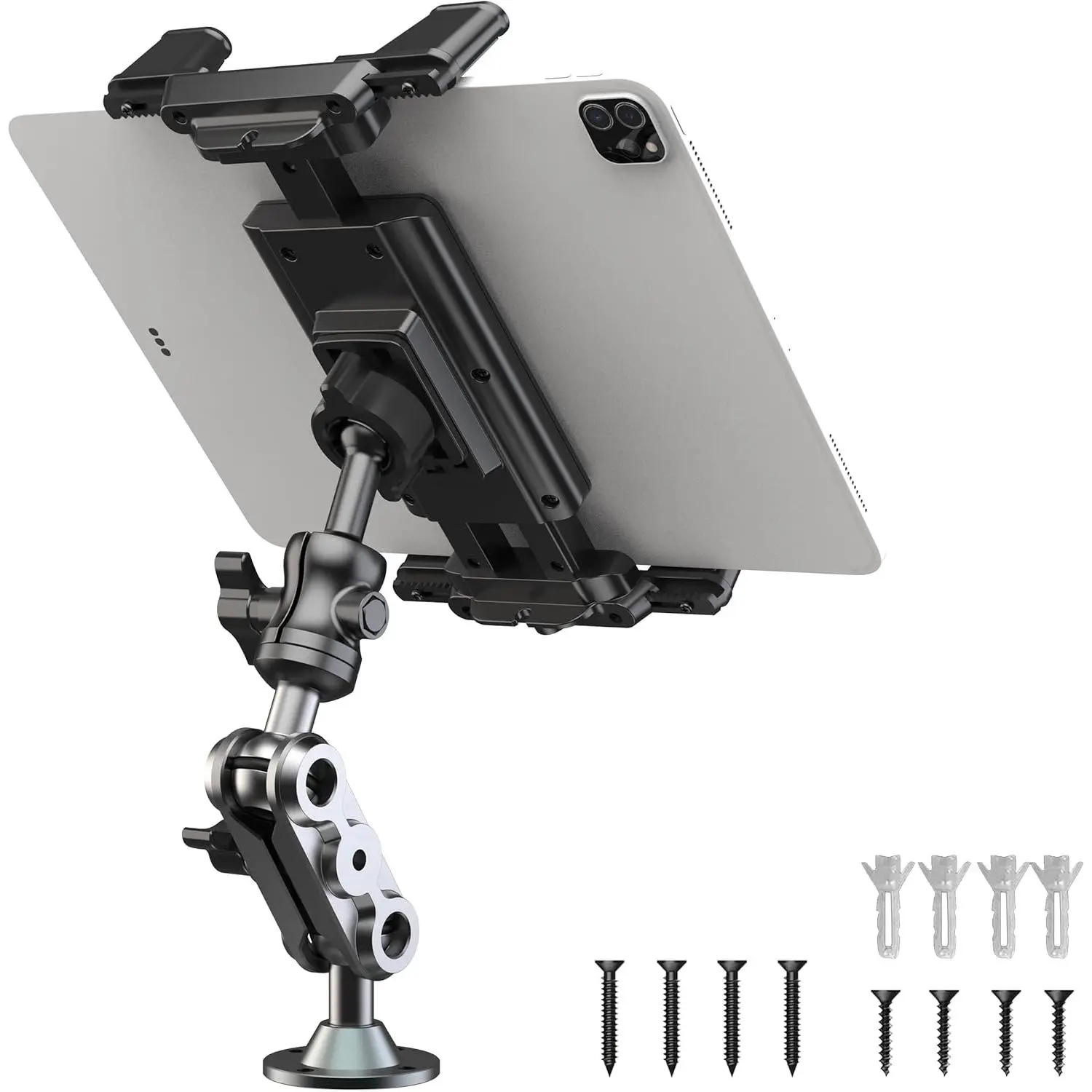 Aluminum Heavy Duty Drill Base Tablet Holder Car Mount Dashboard, 360° Adjustable 2-Stage Stand for 4.7-12.9" iPad Pro/Air/Mini/Samsung Galaxy Tab, for Car Truck Wall Desk Commercial Vehicle