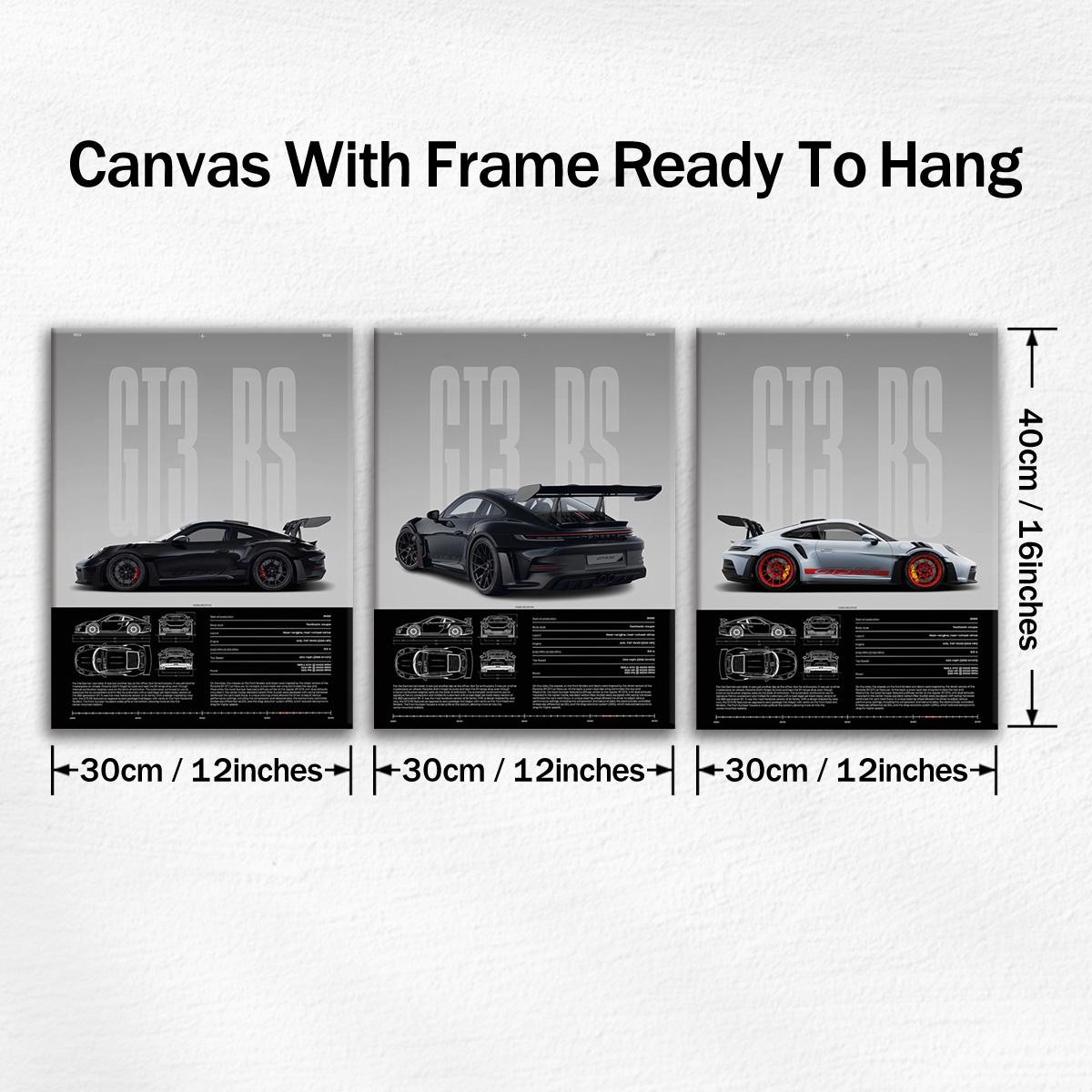 3 Counts Wooden Framed Canvas, Porsche GT3 RS Series Poster, Exquisite Fashion Poster, Modern Art, Abstract Design, Modern Minimalist Design Wall Art for Living Room, Waterproof Artwork, Ideal Gift for Family