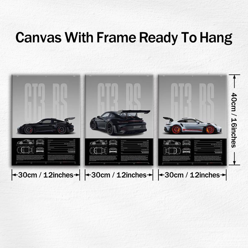 3 Counts Wooden Framed Canvas, Porsche GT3 RS Series Poster, Exquisite Fashion Poster, Modern Art, Abstract Design Wall Art for Living Room, Waterproof Artwork, Ideal Gift for Family