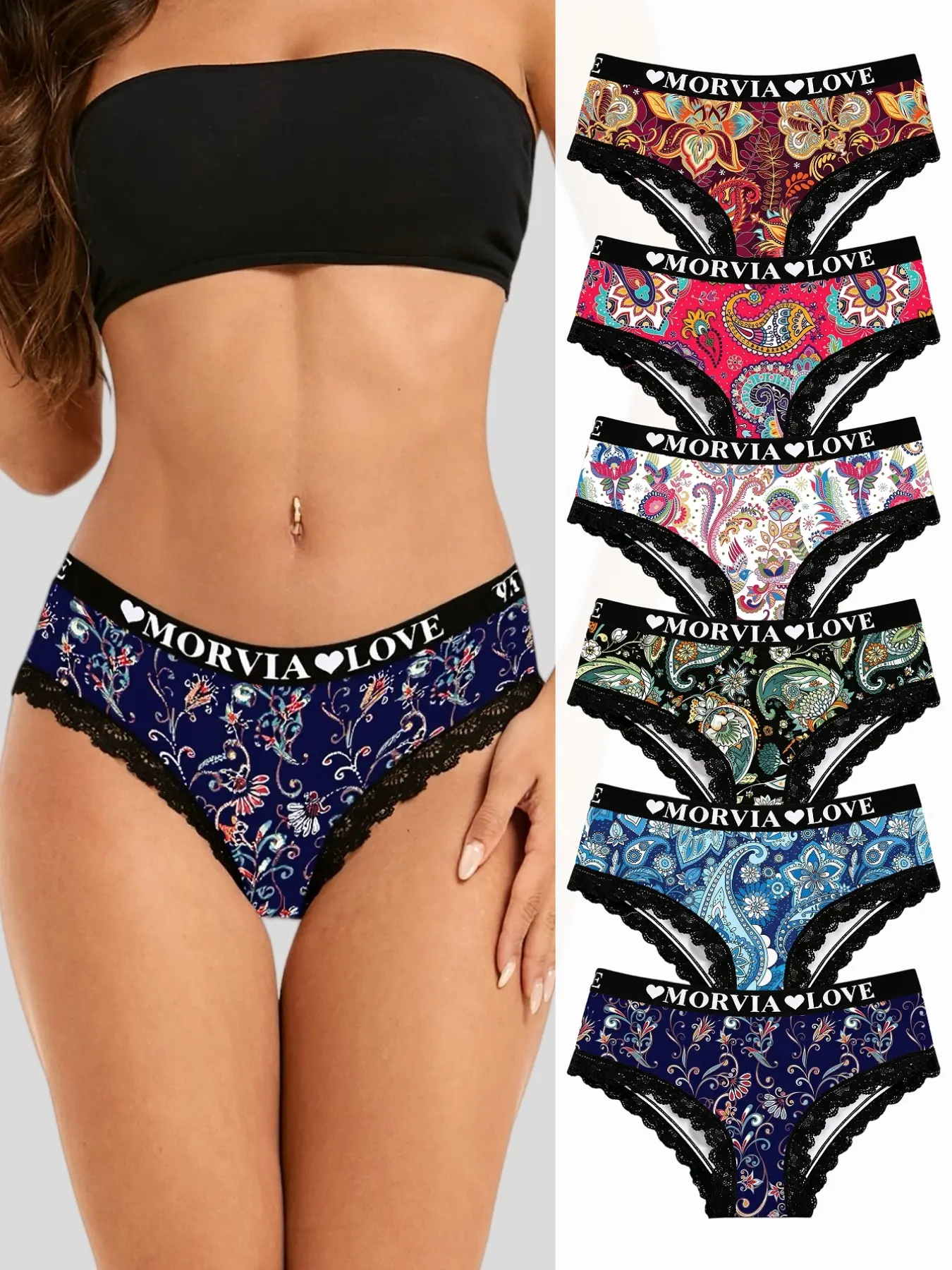 6-Pack Vintage Paisley Floral Women Bikini Panties Black Lace Trim Waistband. #PaisleyPrint #BohoLingerie #WomenBikiniPanties #LaceTrimBriefs #VintageUnderwear #LowWaistPanties #EthnicFloralStyle #MixedPackUnderwear #RetroLingerie #SexyEverydayPanties