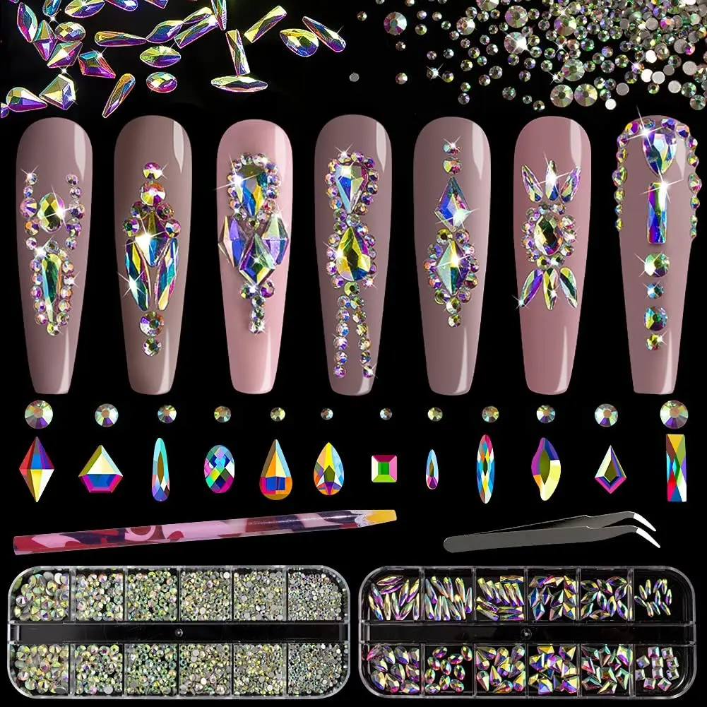 Multi Shapes 3D Glass AB Crystal Nail Art Rhinestones Kit with Flatback Round Bead Charm Gem Stone Diamond, with Pickup Pen and Tweezer for Manicure Craft Decoration Iridescent