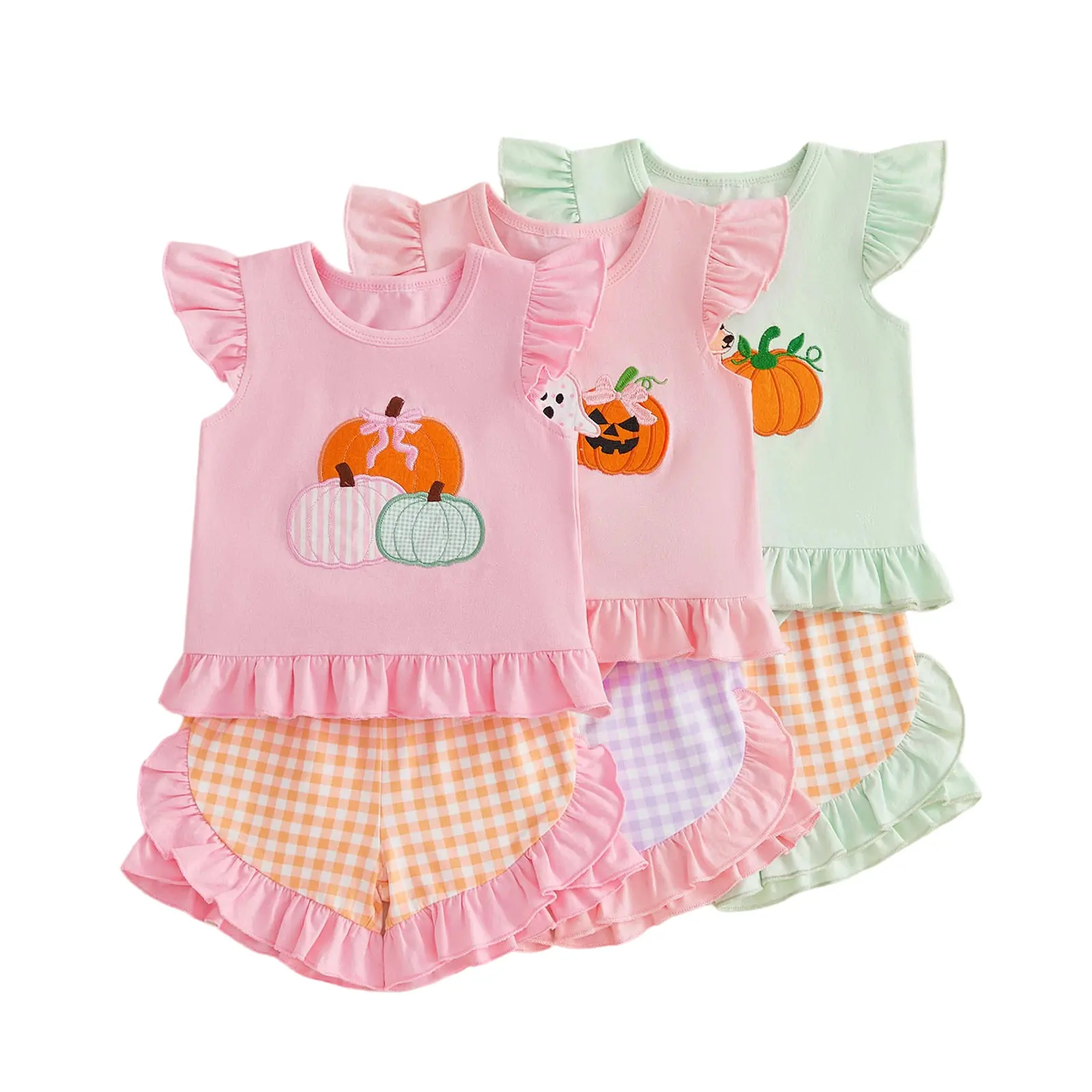 Toddler Baby Little Girl Halloween Outfits Pumpkin Embroidered Flying Sleeve Ruffled Hem Tops and Plaid Shorts Set 1-5 Years