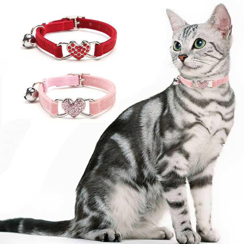 Adjustable Cat Collar with Bell, 2 Counts/set Cute Rhinestone Decor Heart Shaped Decoration Cat Collar, Pet Supplies for Indoor Outdoor Use