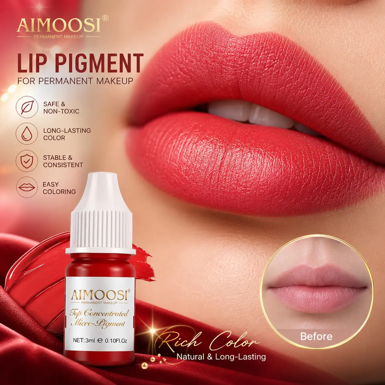 AIMOOSI PMU Tattoo Pigment 3ml Semi Permanent Microblading Lip Cosmetic Blush Ink Glossy Gentle Brighten Dark Lips Professional Salon Permanent Makeup Color