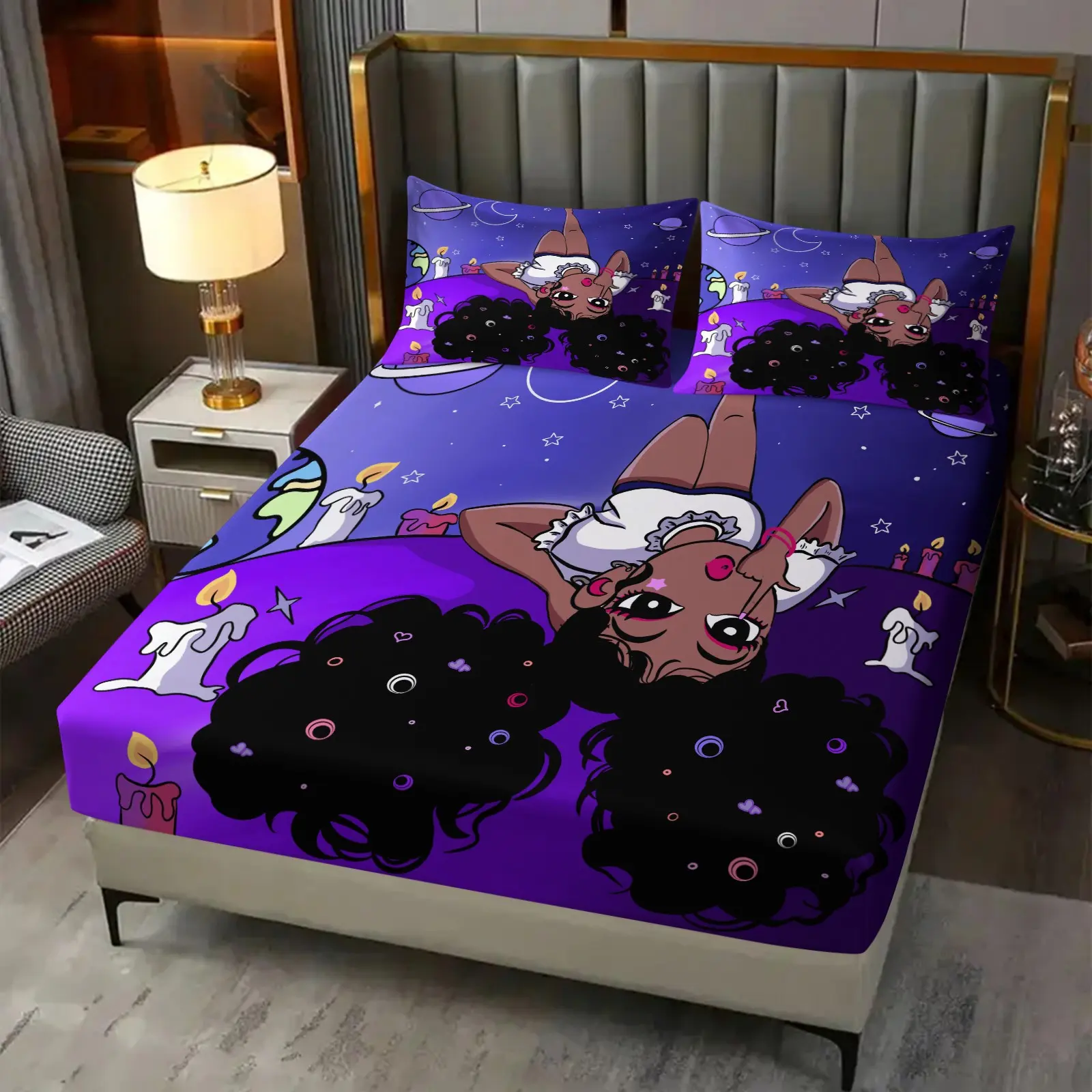 Cute Cool Fluffy Afro Curly Cartoon Girl Print Fitted Sheet Set, 1 Bedskirt + 2 Pillowcases, Dark Purple Starry Sky Planet Candle Tiny Heart Elastic Mattress Cover, Breathable Brushed Non-Slip, Unique Romantic Ins Aesthetic Teen Bedroom Decor