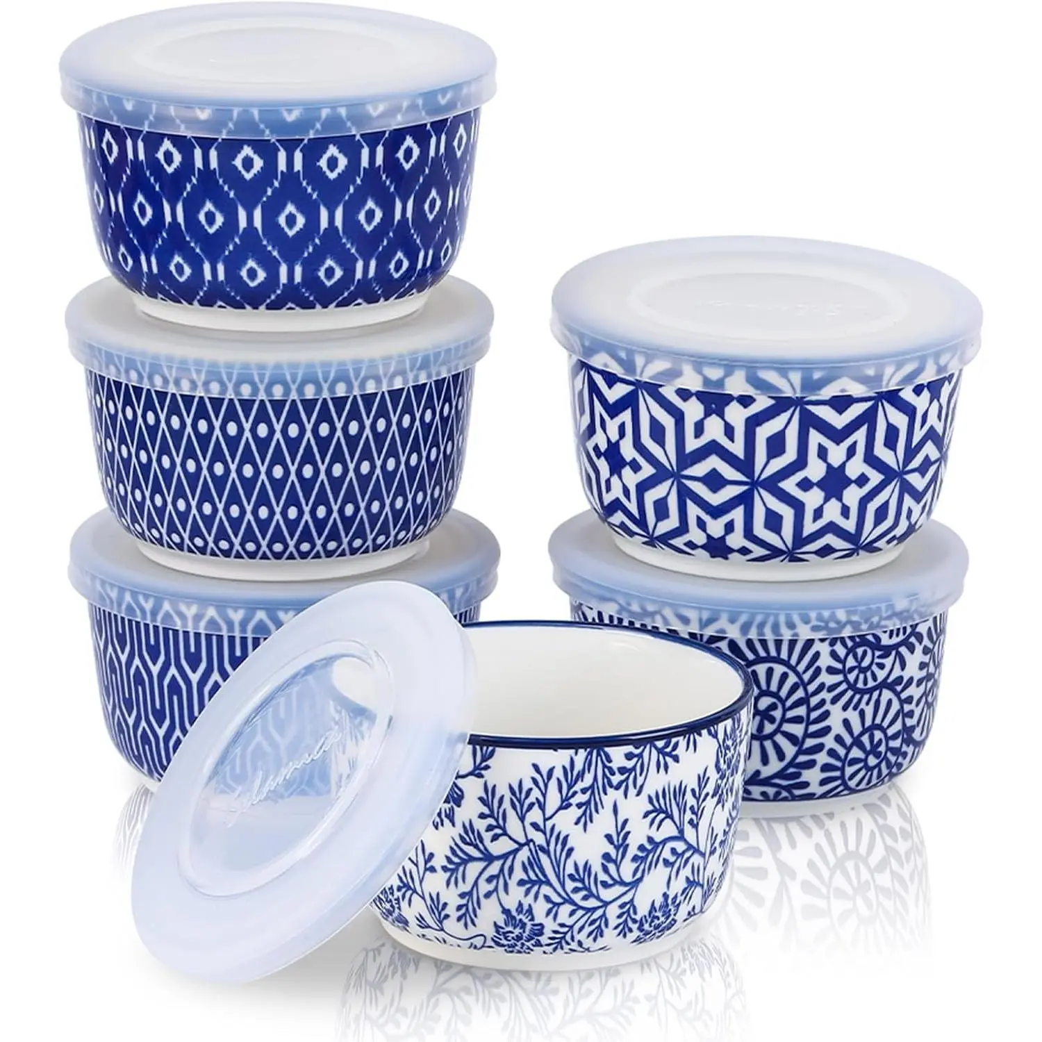 Ramekins with Lids, 8 oz Oven Safe Creme Brulee Ramekins with Covers, Souffle Dishes Pudding Custard Cups, Stackable Ceramic Small Ramekin Bowls Set for Baking, Dipping, Ice Cream, Set of 6, Vintage Blue