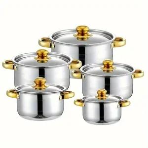 Soup Pot 5pcs Golden Stainless Steel Cookware Set - Durable, Multi-Purpose, Easy to Clean, Compatible with All Stoves, Non-Stick, Scratch-Resistant, And Dishwasher Safe - Perfect for Home Kitchen Cooking
