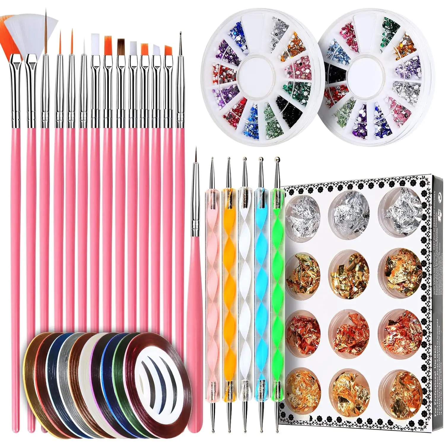 Nail Pen Designer, Stamp Nail Art Tool with 15pcs Nail Painting Brushes, Nail Dotting Tool, Nail Foil, Manicure Tape, Color Rhinestones for Nails Pink