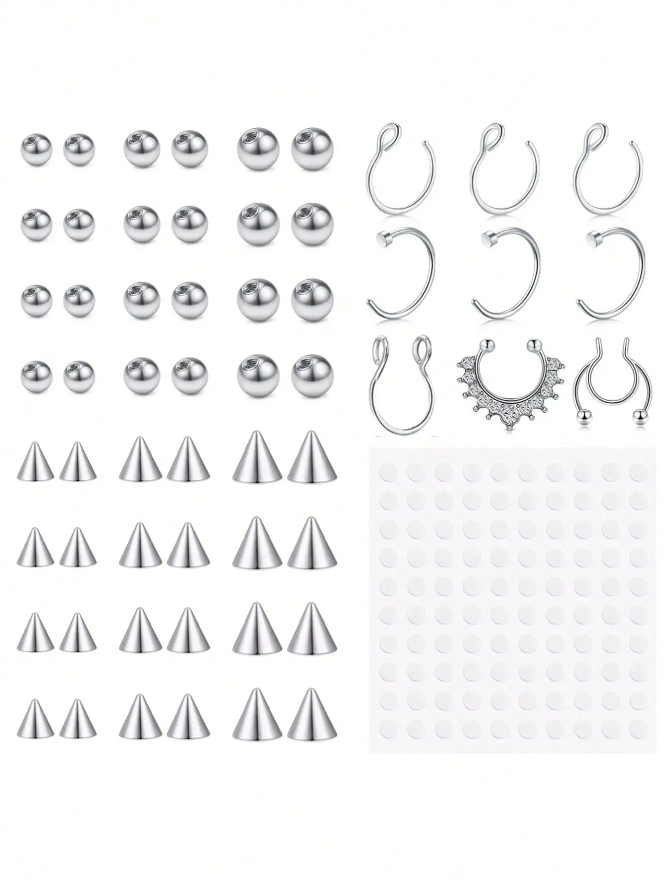 No-Piercing Body Jewelry Set, Includes Fake Nose Rings, Septum Rings, Lip Rings, Eyebrow Pins, Earrings, Clip-Ons, Stickers, Halloween Party Accessories