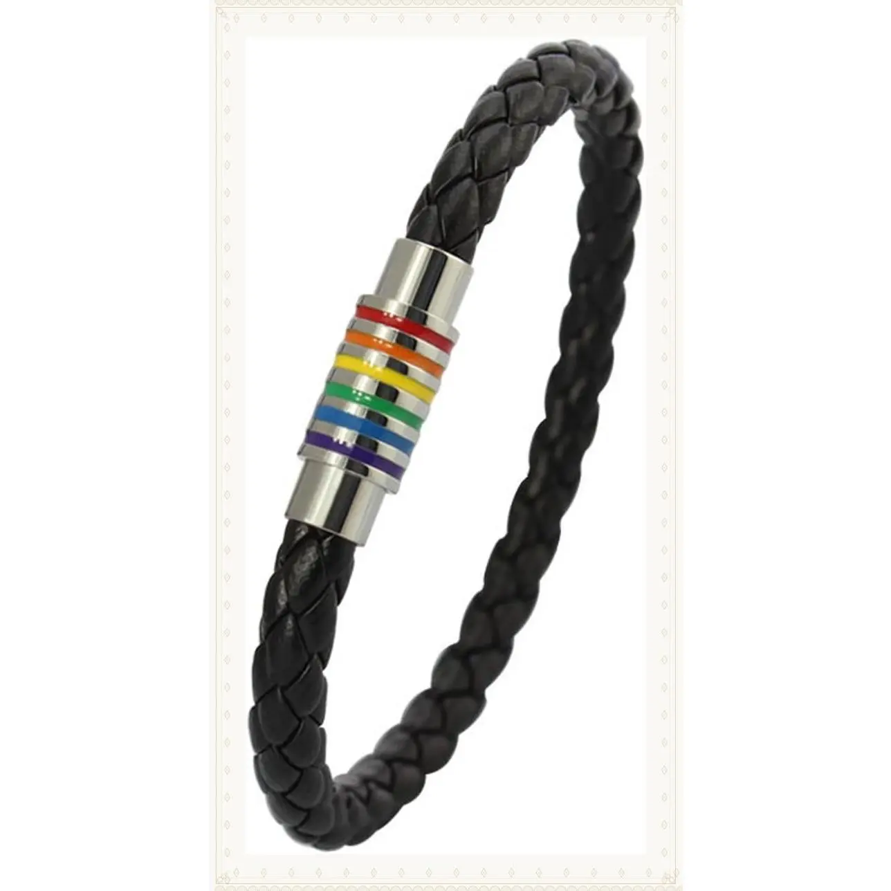 Titanium Stainless Steel Rainbow LGBTQ Pride Bracelet Handmade Braided PU Leather Weave Plaited Wristband JewelryGift