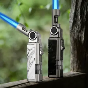 2 Pack 2-in-1 Zinc Alloy Windproof Refillable Fuel Adjustable Jet Blue Flame with Punch, Foldable Rotatable Marble Visible Fuel Tank for Candles, Kitchen, Camping BBQ and Daily Use, Thoughtful Present for Men on Father' Day (Fuel Not Included)
