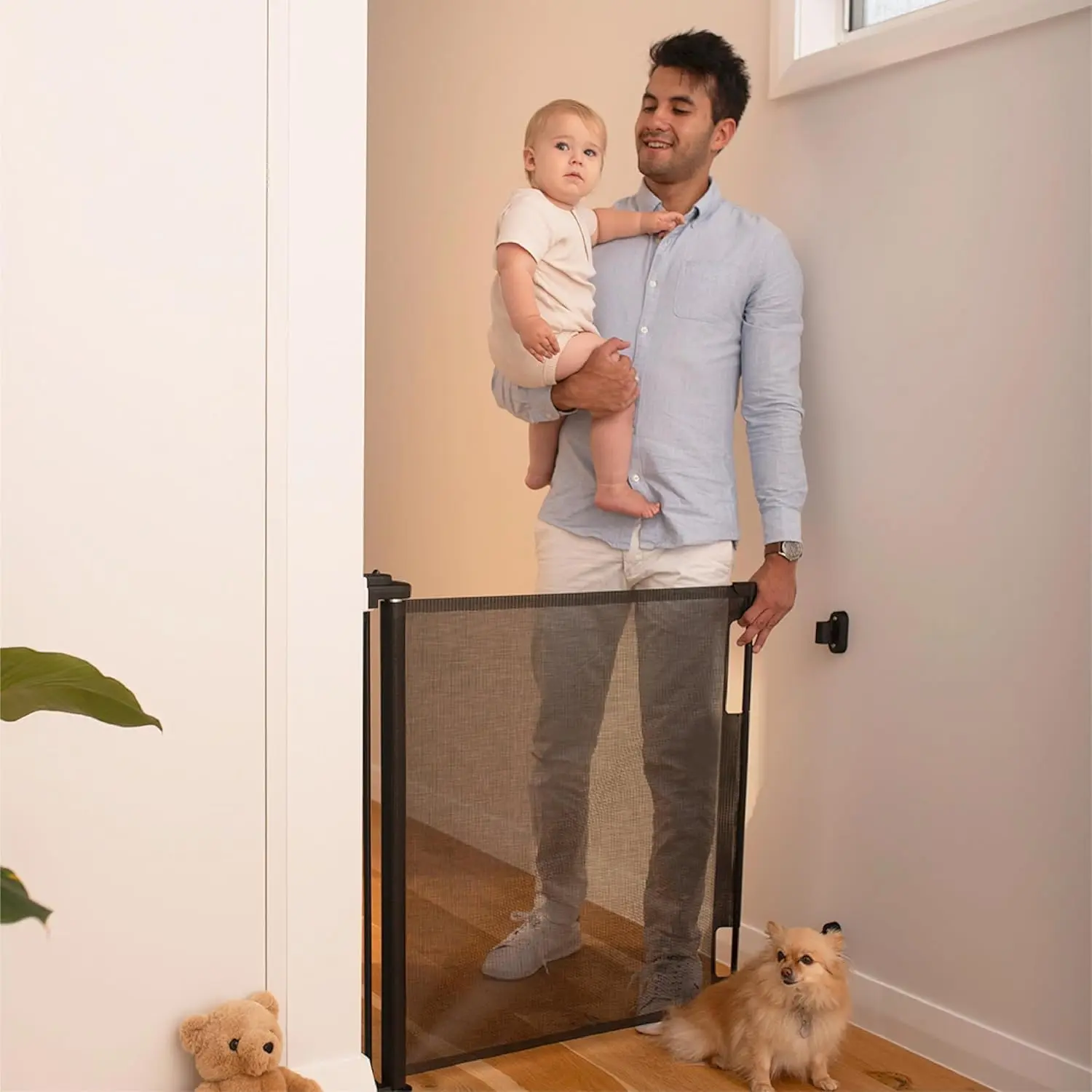 Retractable Baby Gate Perma Child Safety 33" Tall x 55" Wide, Mesh,  Stairs, Doorways, Dogs, Pets, Indoor, Outdoor, One-Handed Operation, Locking, Easy Install, Hardware Mount, Black