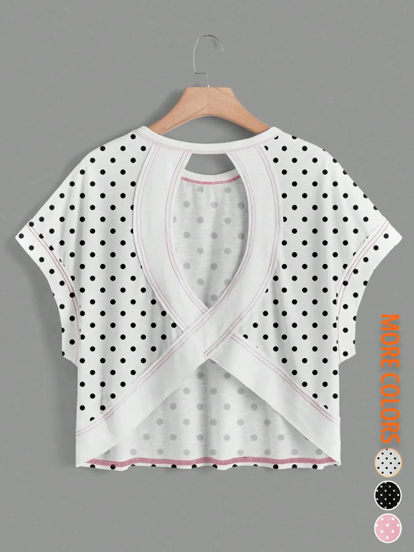 Women's Summer Polka Dot Batwing Sleeve Asymmetrical Round Neck Backless Cut Out Loose Fit T-Shirt, Casual Vacation Style Top