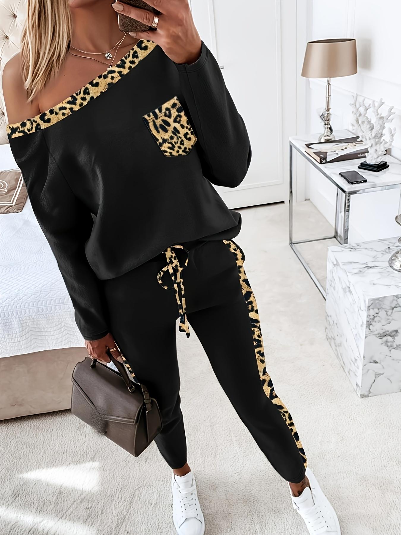 A 2-piece set outfit of women's fashionable fitted slanted shoulder collar leopard print long sleeved shirt and lace up drawstring pants, suitable for daily versatile occasions and home sports wear