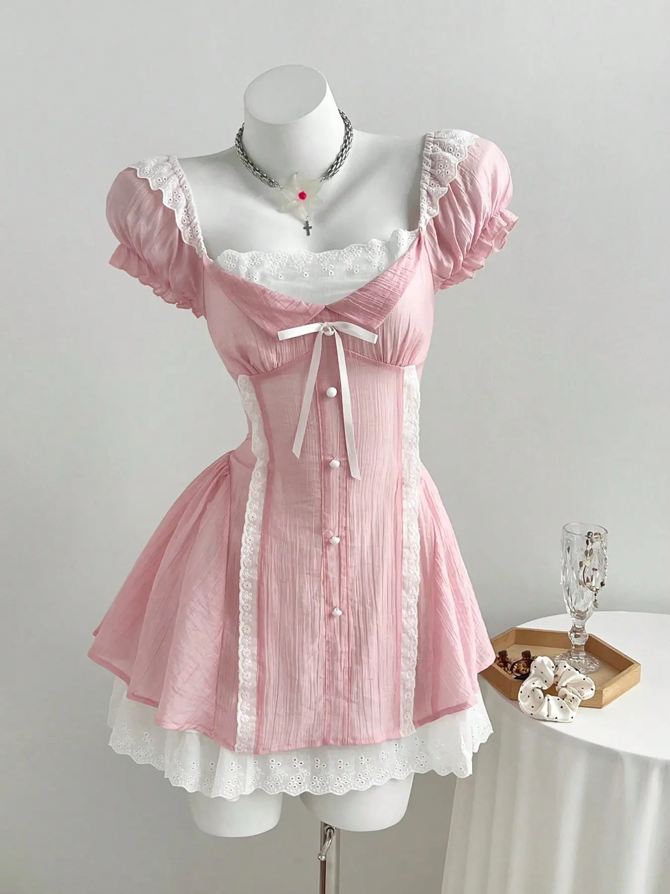 Elegant Cute Summer Dress for Women, Solid Color Ruffle Patchwork Tie Waist Cap Sleeve Slim Fit Dress, Fashionable Ladies' Clothing, Dresses for Party