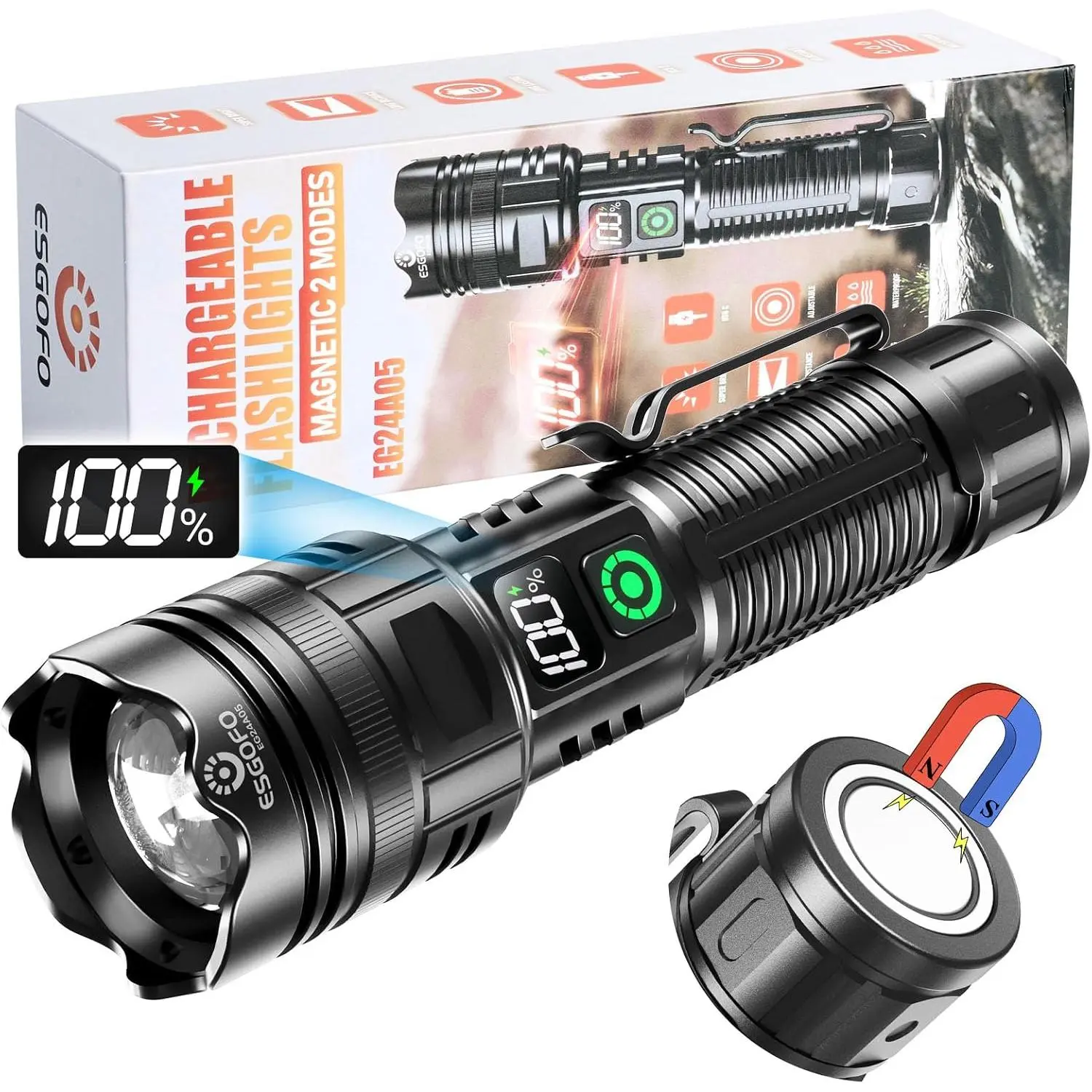 USB C Rechargeable Flashlights High Lumens 100000, 2 Modes High/Low | Super Bright 30W LED, Long Distance & Long Lasting 15H, with Strong Magnet & Clip, 6.41 inch Long, for Hiking Travel Camping