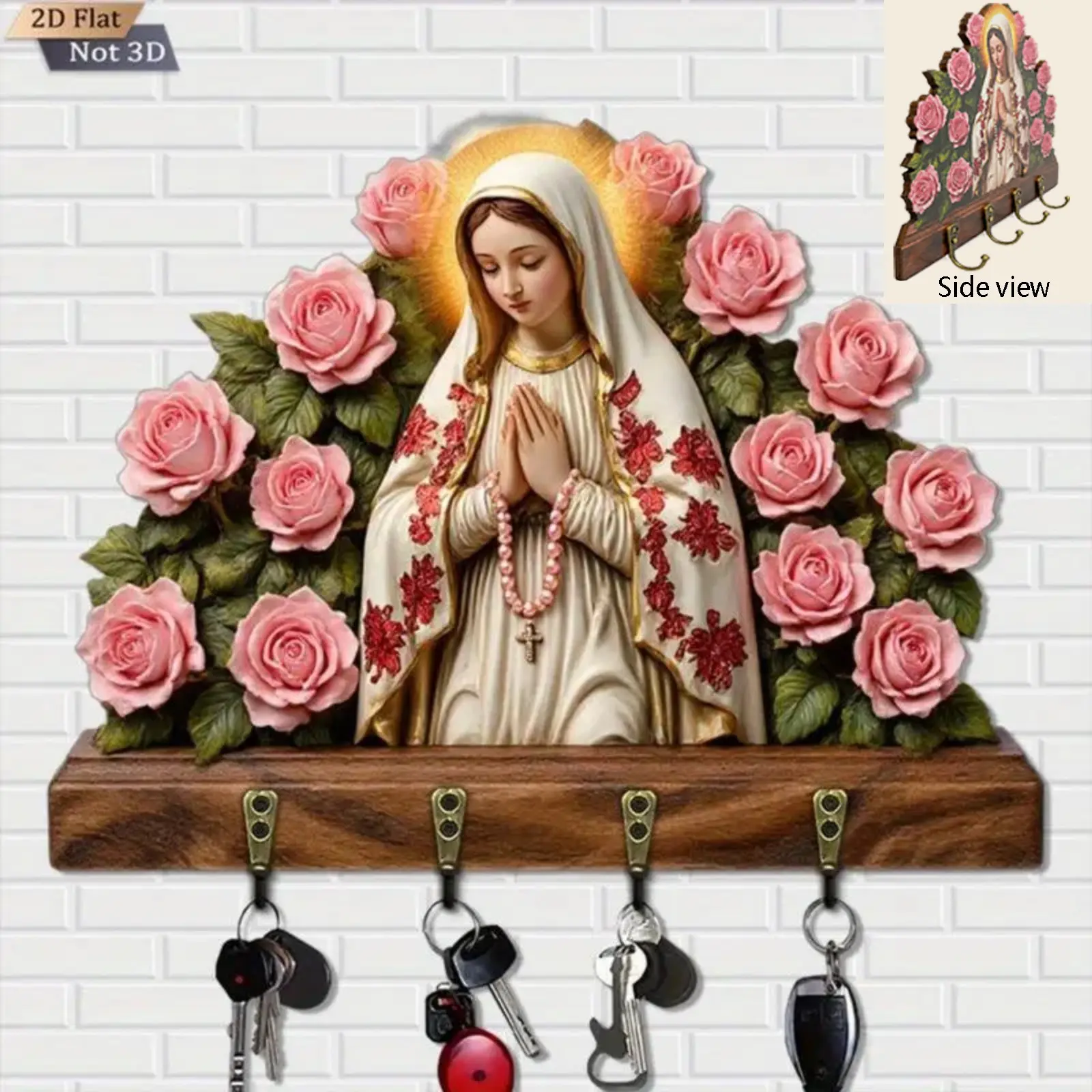 2D Flat Not 3D Wooden Wall Rack Key Organiser Key Holder with 4 Hanging Hooks - Virgin Mary & Baby Jesus Rose Design, Decorative Vintage Religious Wall Decor, Space-Saving Storage Organization Entryway Gift