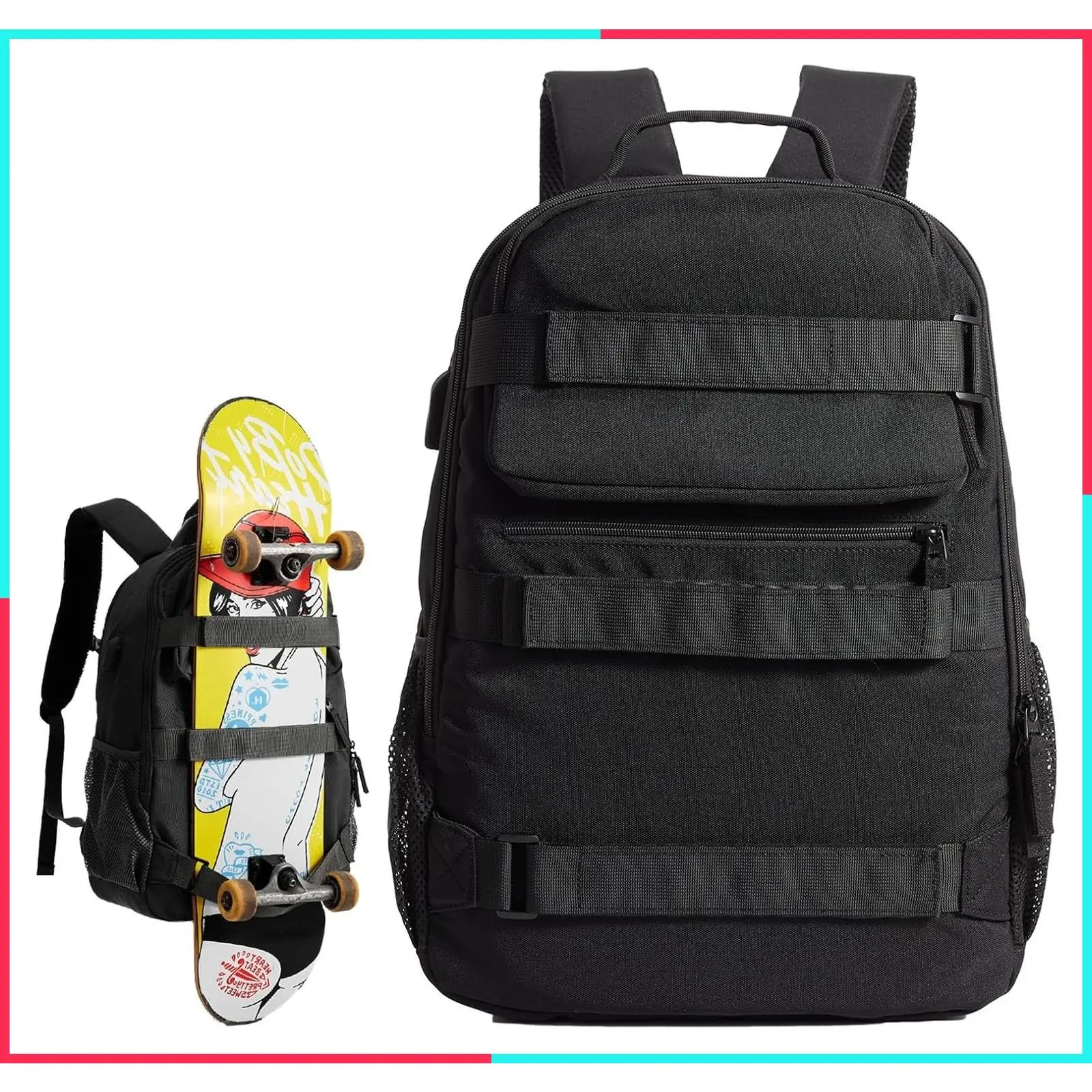 Large Skateboard Backpack with USB Port - Laptop Bag for Men & Women, Skateboarding, College, Travel, Black