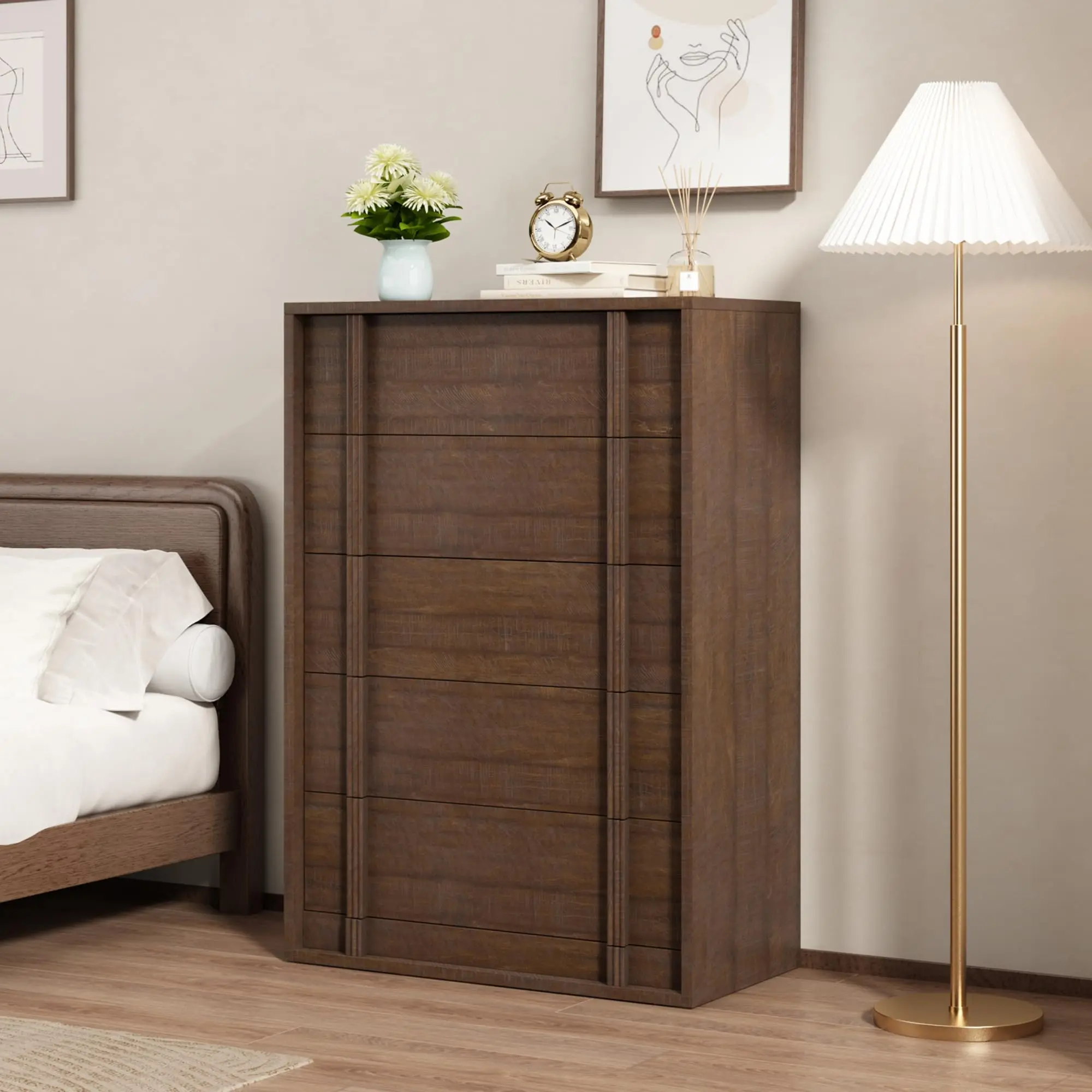 🛏️ Red-Brown Nightstand with 5/4/3 Drawers & Vertical Handle – Modern Bedside Table for Bedroom, Living Room, Entryway & Dorm. Sturdy & Elegant! 🎨