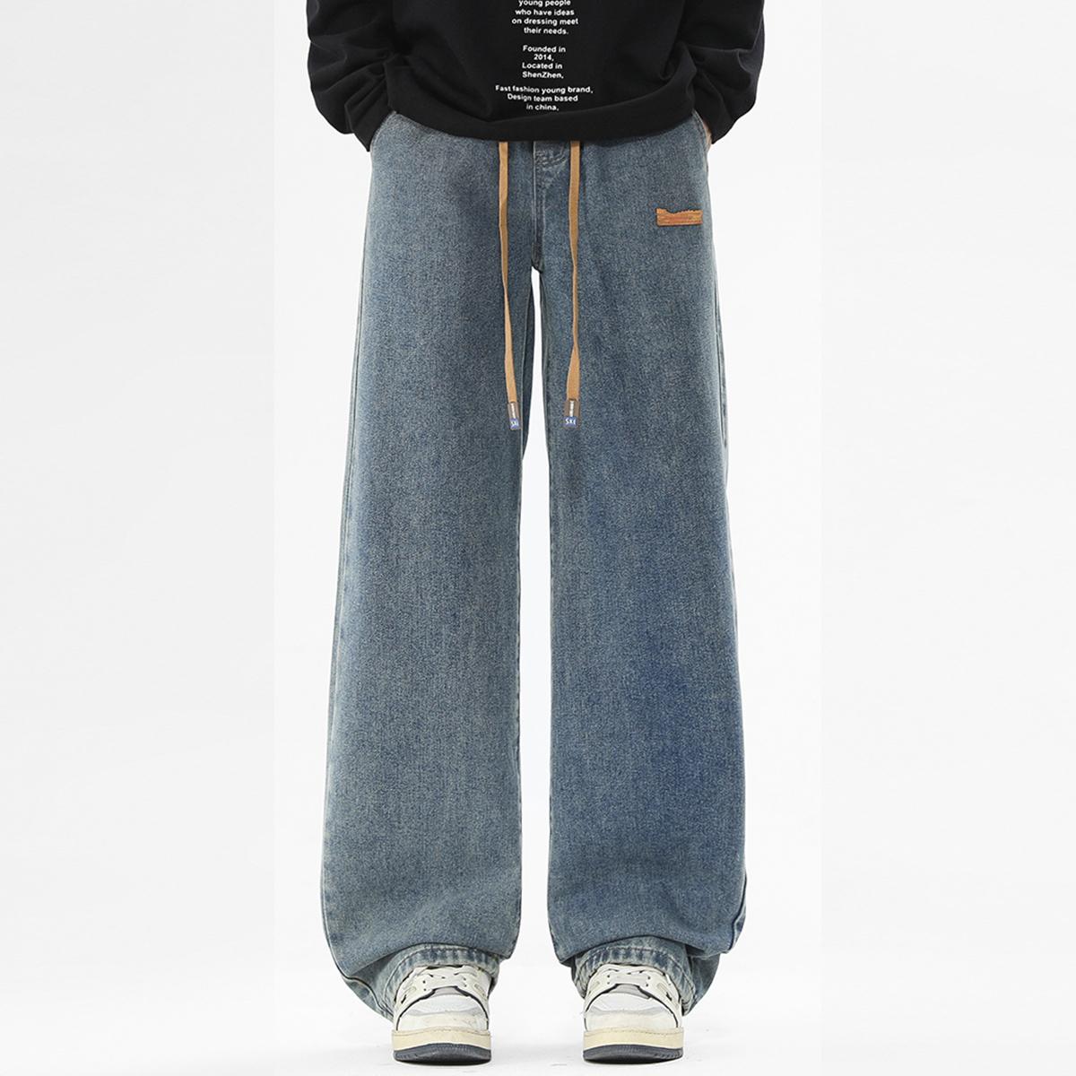 Brand new upgrade!Men's regular straight-leg jeans, casual drawstring elastic waist, denim pants, heavyweight washed jeans, premium blend elastic fabric with 61.8% cotton