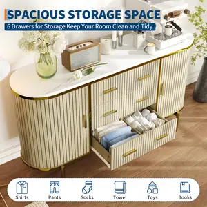 59 Inch Modern Fluted Oak Sideboard Buffet Cabinet with 6 Drawers & 2 Sliding Doors, Multi-Purpose Credenza Storage Cabinet Works as TV Console & Coffee Bar for Kitchen, Dining Room & Living Room
