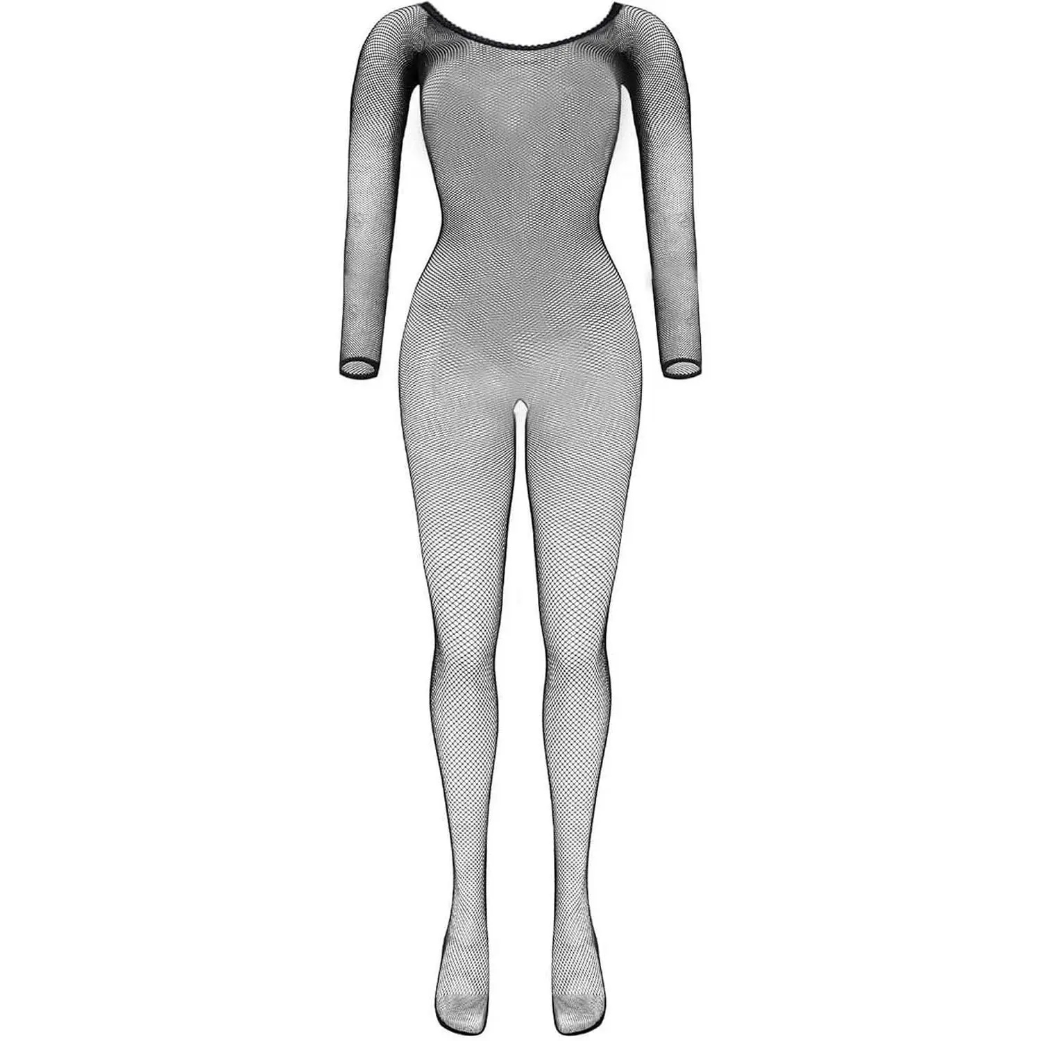 Women's Small Fishnet Bodystockings Long Sleeve One Piece Mesh Full Bodysuit Jumpsuit Rave Outfits US 4-20