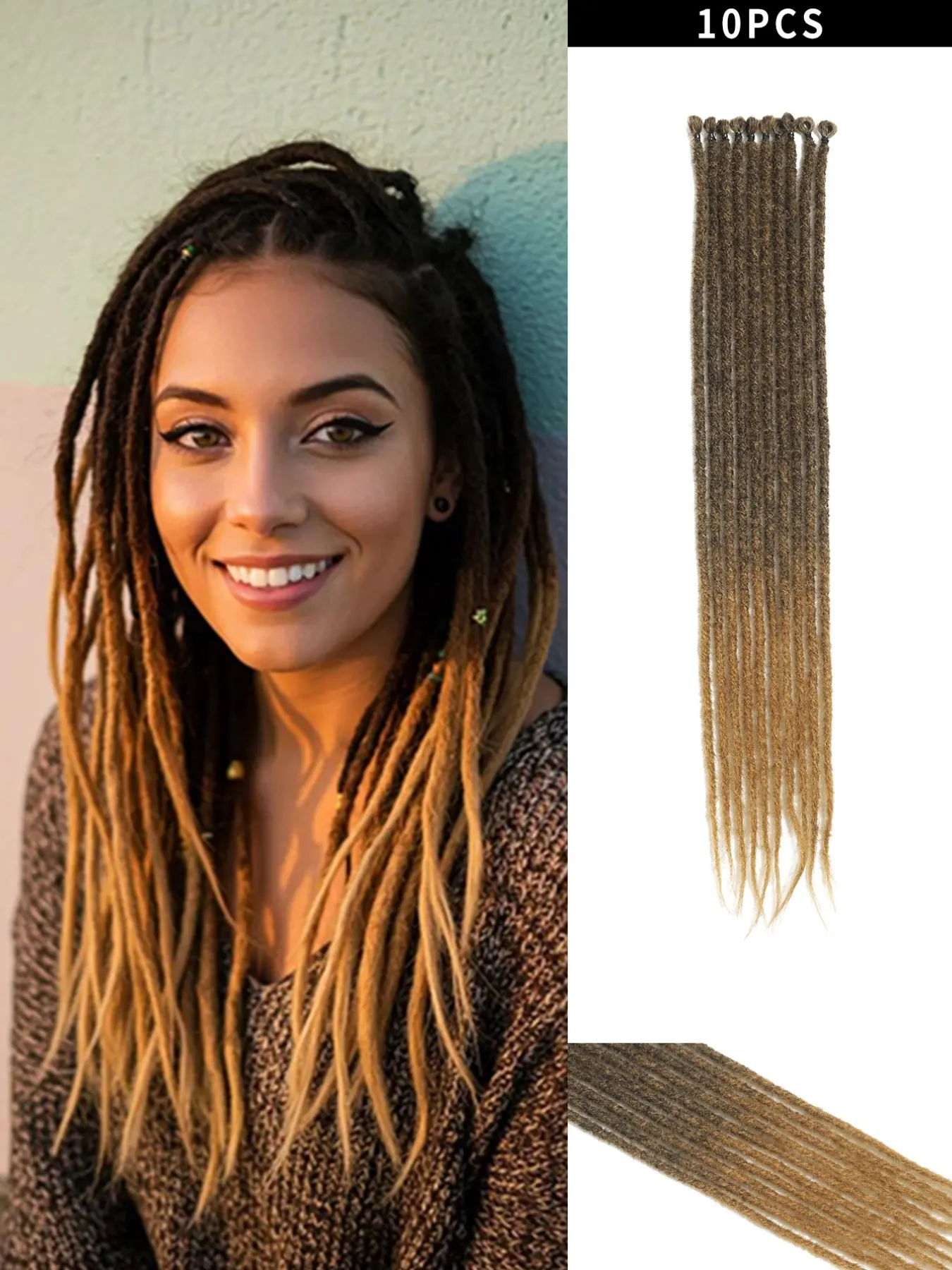 24-Inch Synthetic Dreadlock Extensions – 10-Strand Single-Ended (SE) Thin Hippie-Style Lock (0.6cm) – Dark Brown to Honey Blonde (T27) – Handmade Soft Lock – Unisex – Suitable for Christmas, Carnival, and Music Festivals
