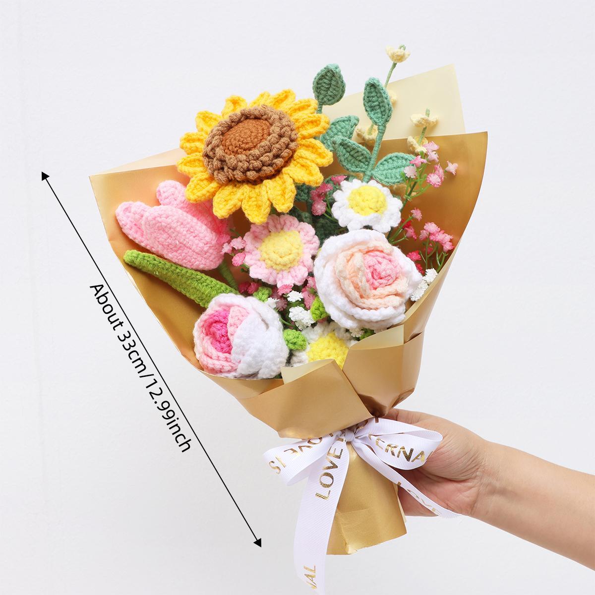 Crochet Sunflower Bouquet, Woven Crochet Bouquet, Handmade Knitting Flower Bouquet, Artificial Flower Bouquet, Home Decor, Gift for Mom, Teacher, Wedding Anniversary Party, Knitted Roses, Fake Bouquets