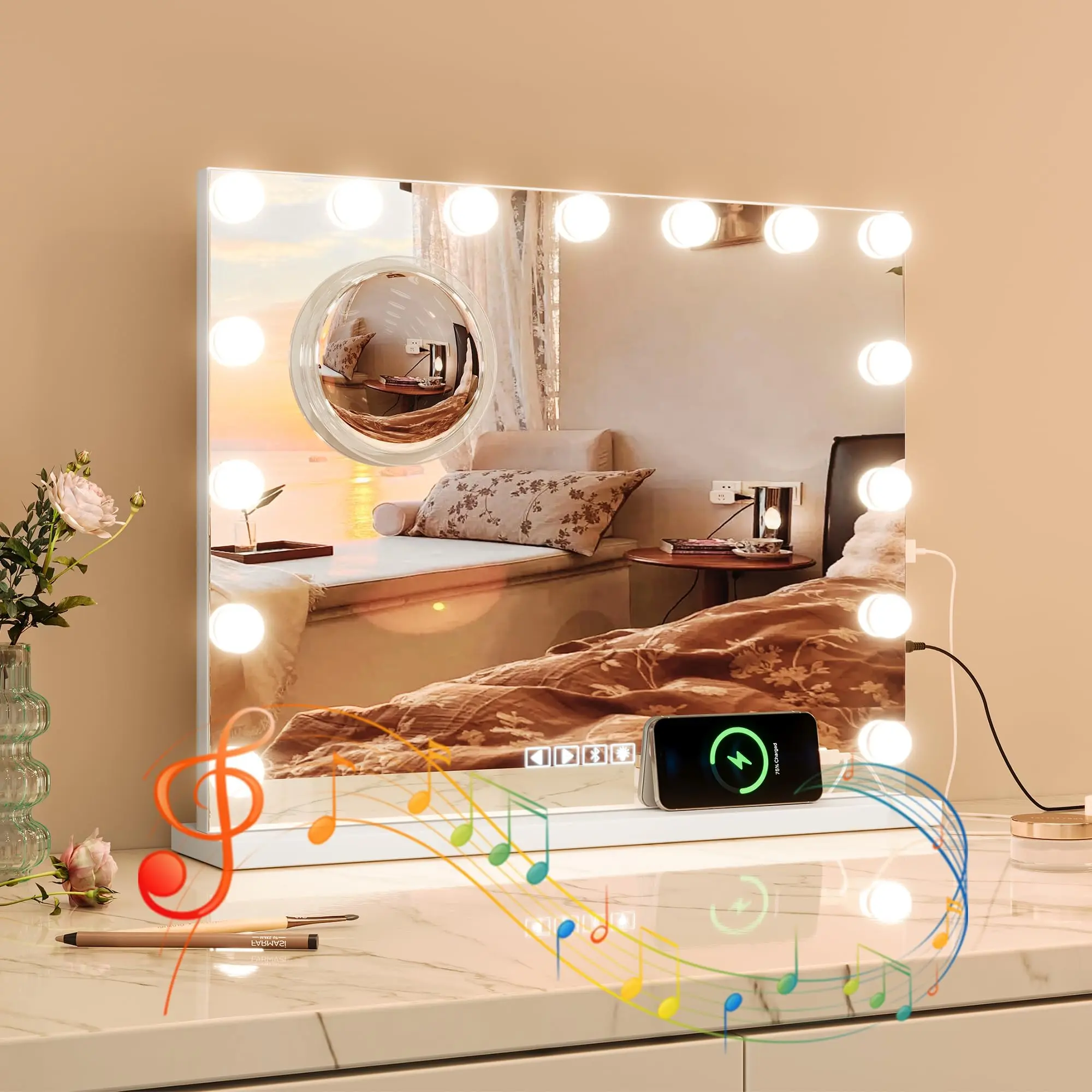 GARVEE Vanity Mirror with Lights, 24 x 22 Inch Lighted Makeup Mirror, 15 Dimmable LED Bulbs, 3 Color Modes, Touch Control, 3X  Mirror, Charging Port, Wireless Speaker