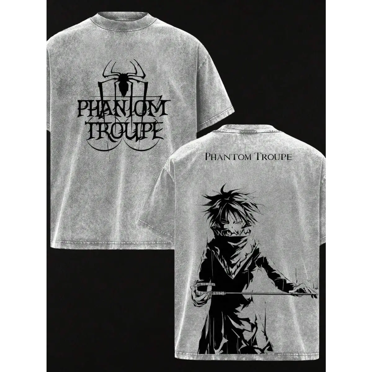 Urban Streetwear Gray Washed Graphic Tee Hunter X Hunter Front Phantom Troupe Spider Sketch Back Feitan Anime Print Retro Japanese Manga Loose Fit Cotton Short Sleeve Casual Shirt