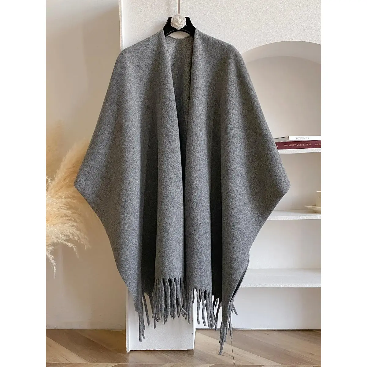 Plain Tencel Cape Shawl for Women, Soft Open Front Casual Wrap with Fringe, Versatile Daily Wear Fashion Gift, Chiffon, Soft Fabrics, Fashion Gift Idea, Satin, Soft Casual Wrap