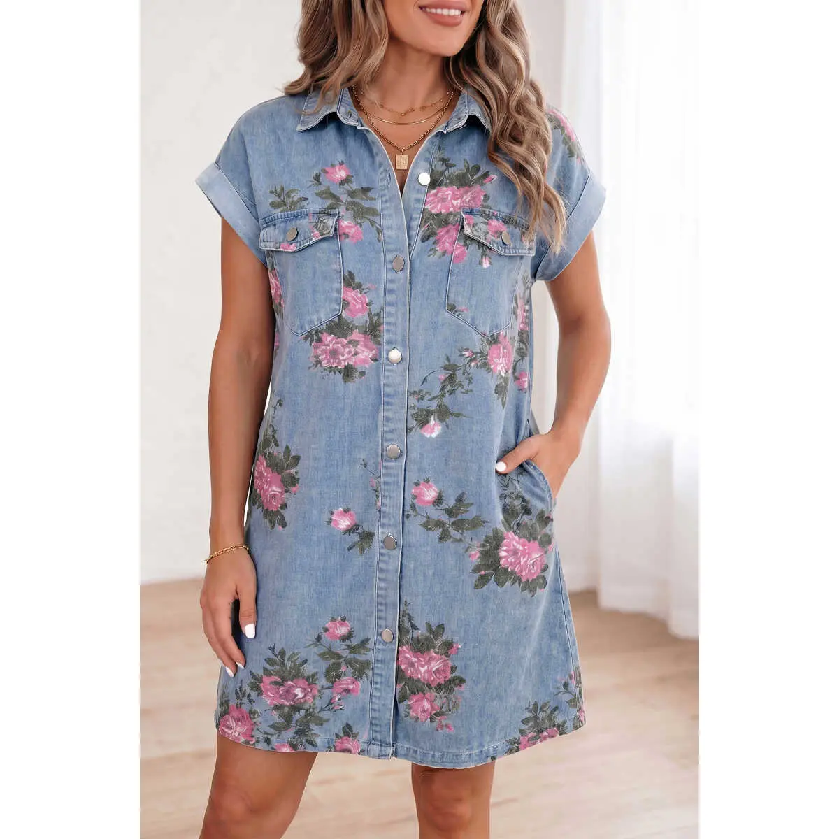 Sky Blue Denim Floral Print Cuffed Short Sleeve Button Down Shift Dress