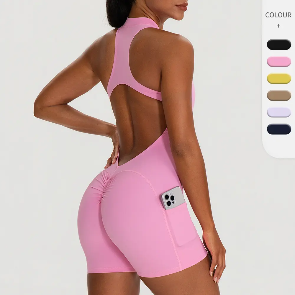 Women's Tight Athletic One-Piece Yoga Jumpsuit, Cutout Back Bodysuit Shorts with Side Phone Pockets, Ruched Butt-Lifting Quick-Dry Workout Romper, Ideal for Gym, Running and Pilates Training