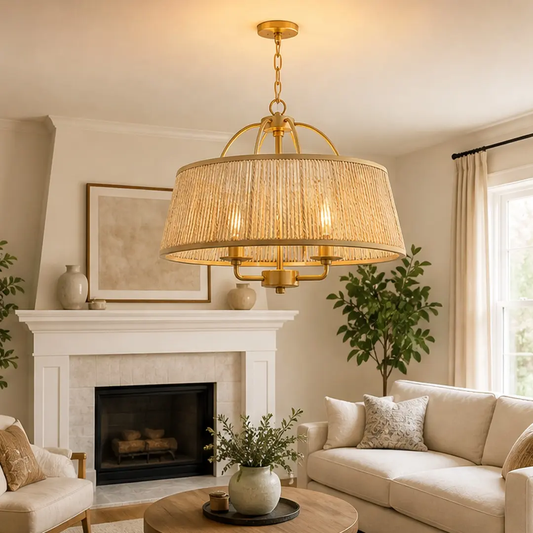 ARCH Bohemian Rattan Chandeliers - 3-Light Rustic Modern Ceiling Fixture Pendant Lamp, Paper Rope, Beige Gold Finish, 22.05 w x 22.05 d x 11.81 h in, 6.79 lb, for Dining/Living Room, E12 Bulbs Not Included, Beige+Yellow Options, Cozy Evenings, Ceiling Lig