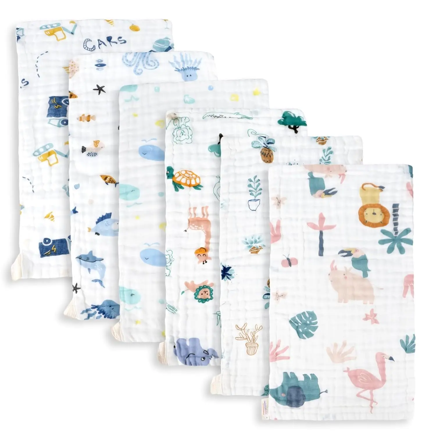 Muslin Baby Burp Cloths 6 Pack Large 20''x10'' 100% Cotton Burp Rags Absorbent and Soft 6 Layers Muslin Cloth Baby Essentials  Newborn(Animals and Cars, Pack of 6)