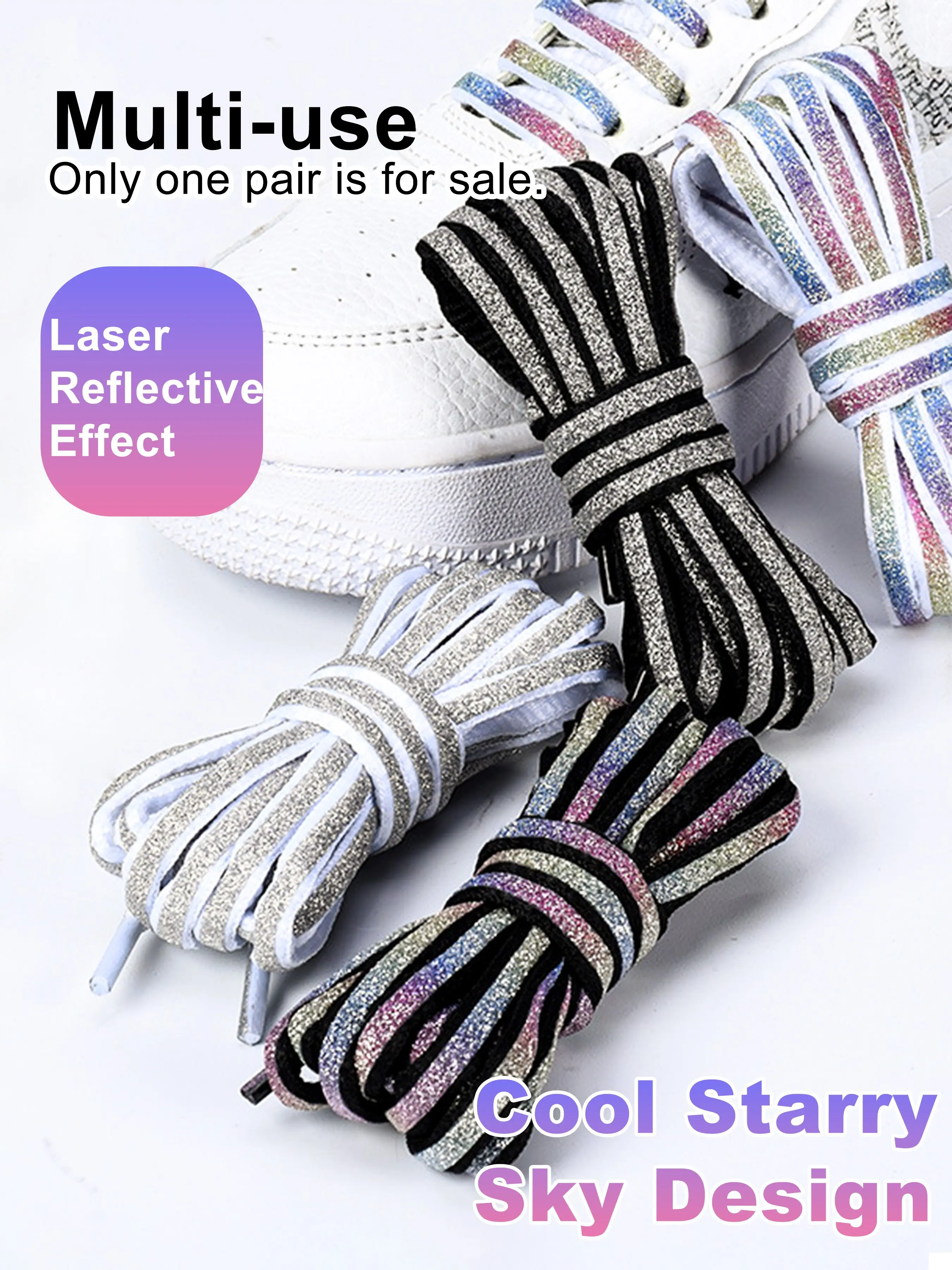 3mm Wide Shimmering Starry Shoelaces for Sneakers with Laser Reflective Effect, Day and Night Different Effects, Cool Streetwear Sports Style