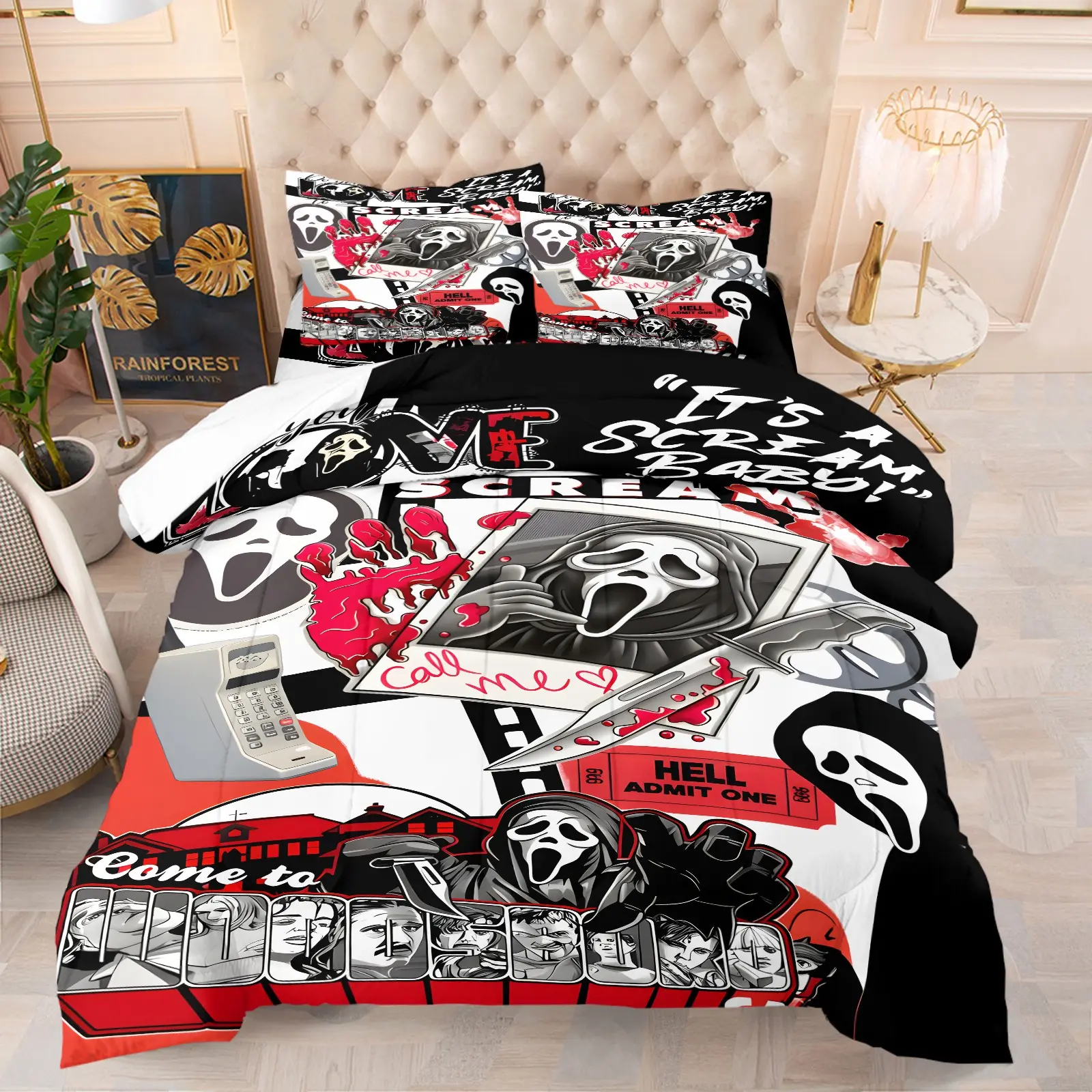Black and White Red-Toned Horror Movie Dark Comforter Quilt Set, 1 Quilt and 1-2 Pillowcases, Ghostface Landline Phone Bloody Knife Patchwork, Plush Comfort All Seasons, Halloween or Fan Bedroom Dorm Decor