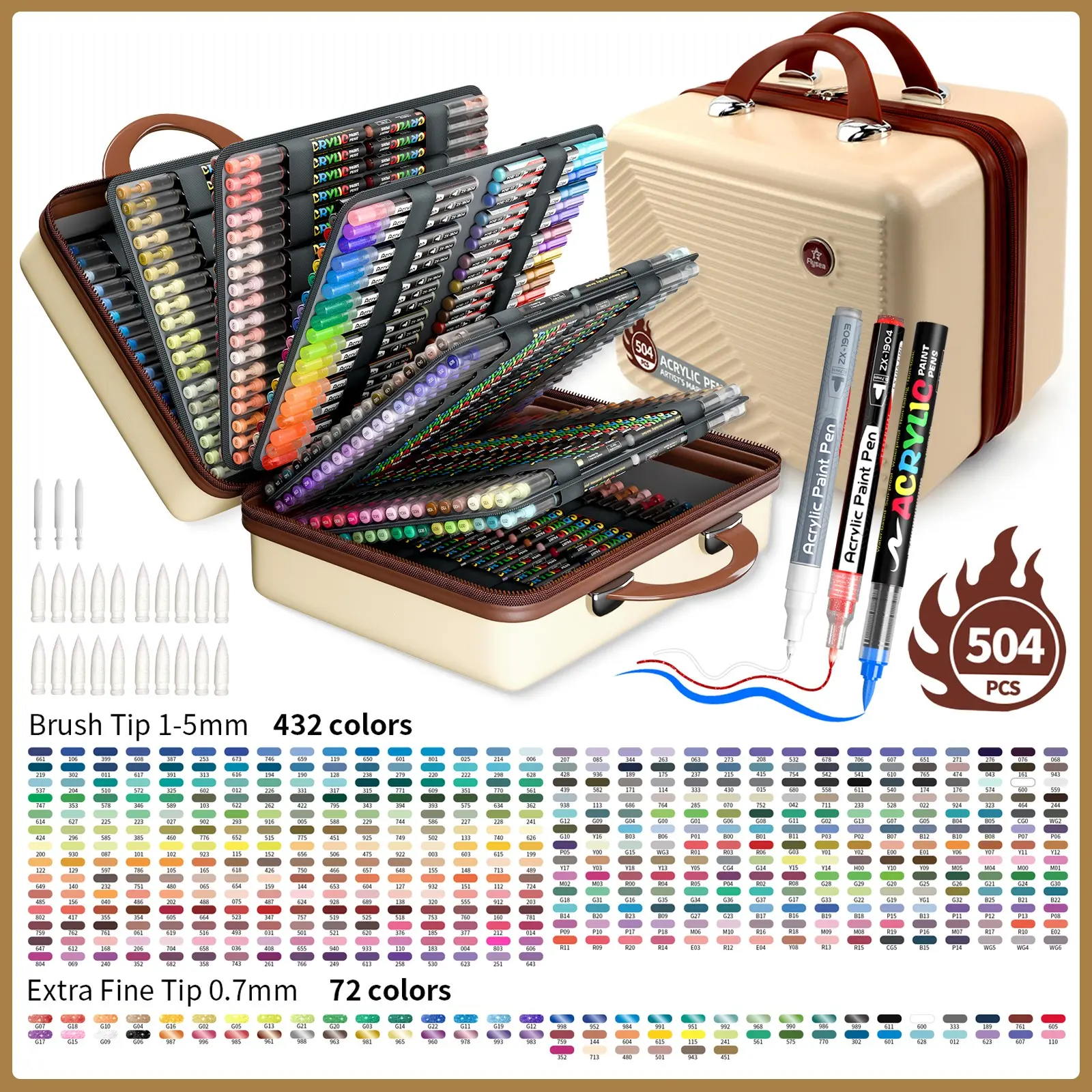 Flysea 504-Piece Acrylic Marker Set, 432 Colors Liquid Flow Soft Tip, 72 Colors 0.7mm Valve Markers, Travel Gift Box, DIY Art, Office Supplies, Coloring Markers, Artist Supplies