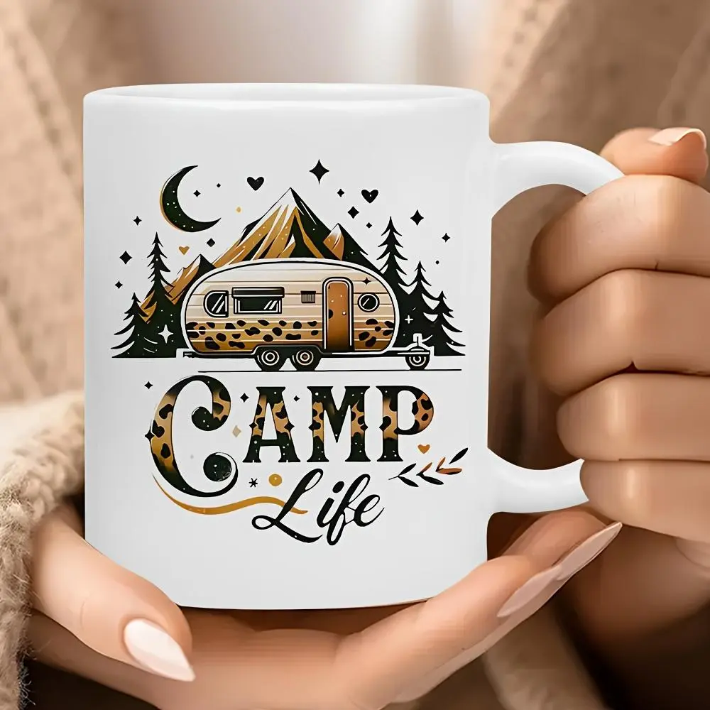 Heavy duty enamel camping mug | Retro camping car/tent/campfire design, sturdy handle, beverage cup - perfect gift for campers/RV enthusiasts/hikers - durable outdoor adventure