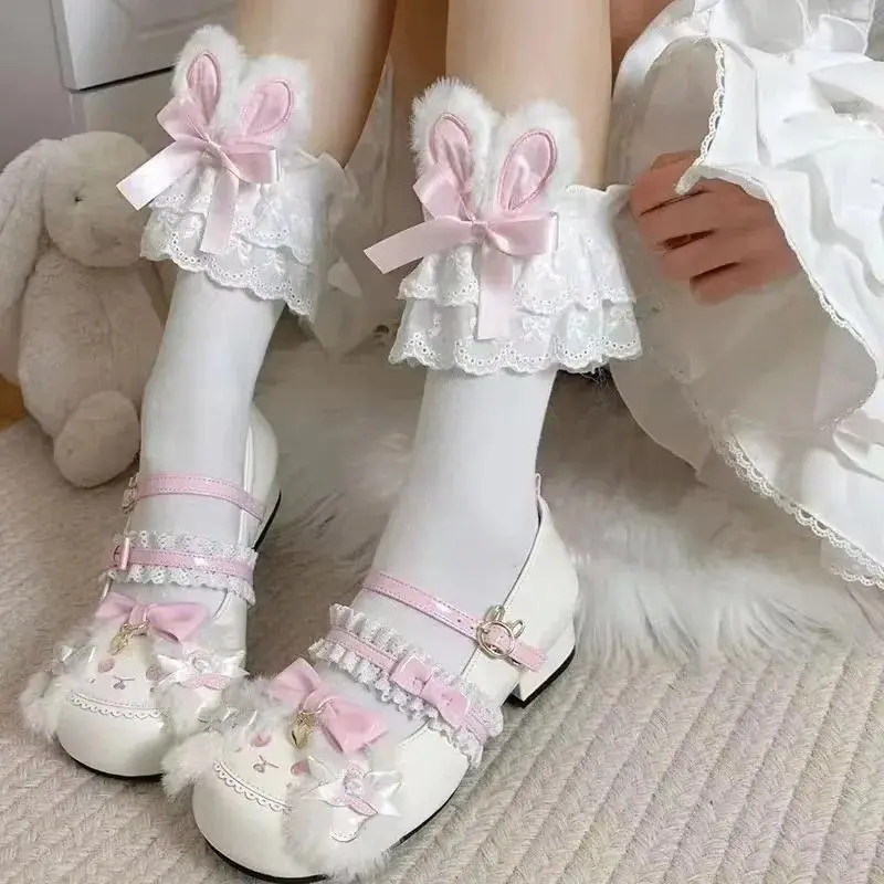 Japanese Harajuku Lolita Sweet Rabbit Ear Socks Women Summer JK Bow Short Socks Lolita Lace Large Lace Sweet Socks