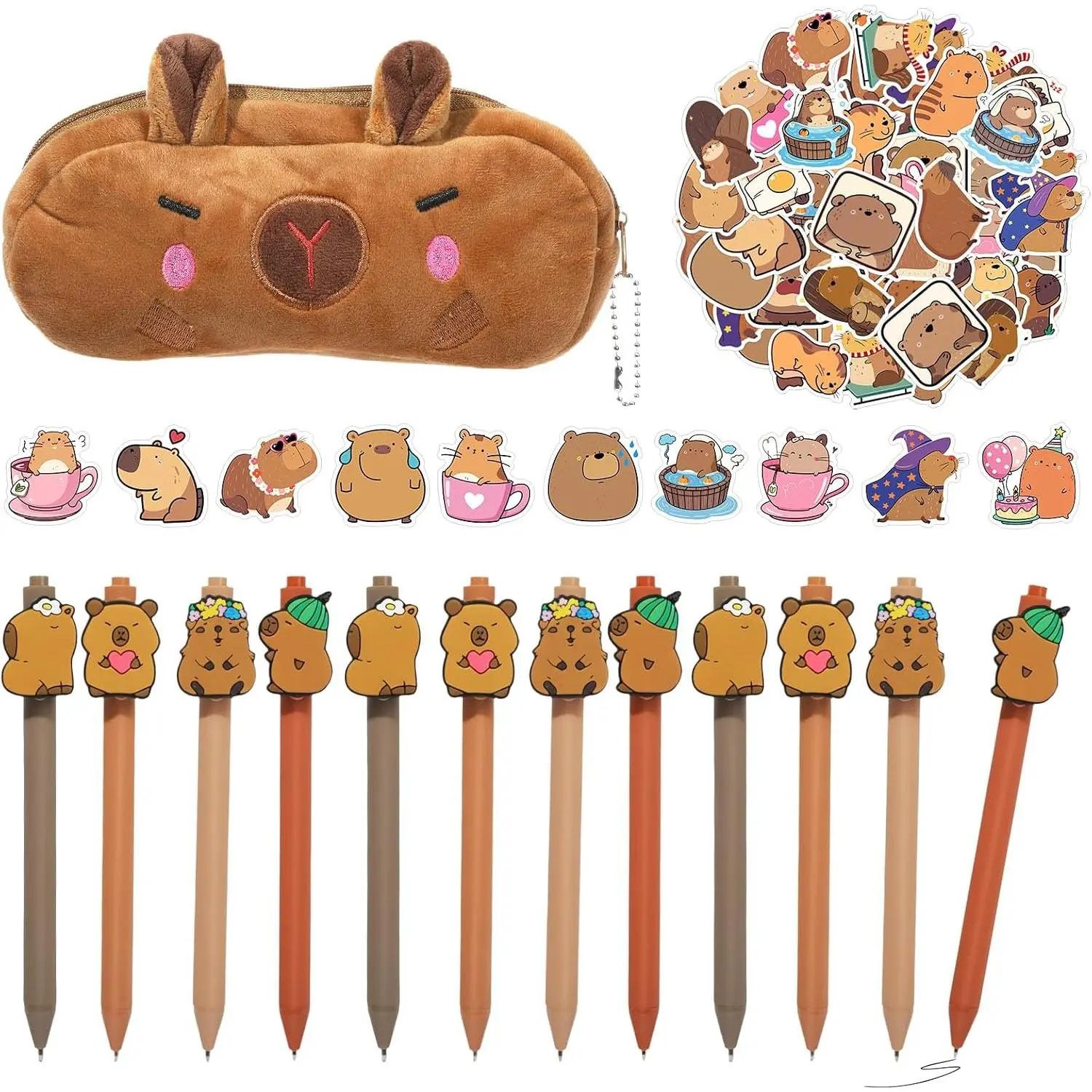 Capybara Stationery Set - 63-Count Kawaii School & Office Supplies with Fuzzy Fabric Plush Pencil Case, Unique Toppers Gel Pens & Stickers, Cute Valentine's Day Gifts for Girls
