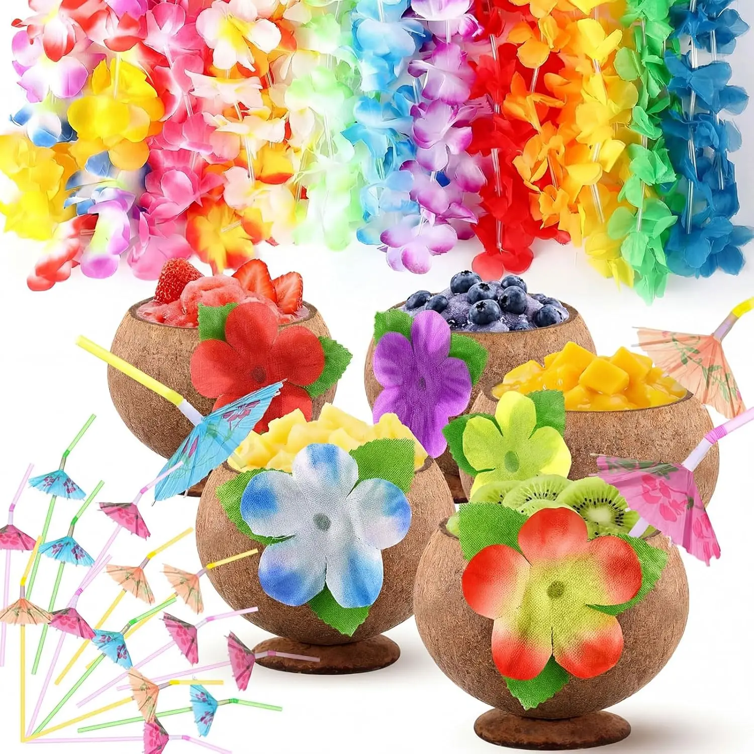 5 Set Hawaiian Coconut Cups  10oz Coconut Bowls with Umbrella Straws Hawaiian Luau Party Supplies for Tropical Beach Decorations, Summer Events