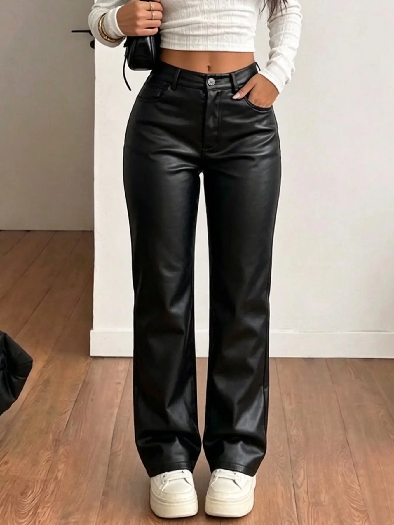 Women's Y2K Retro PU Leather Pants, High-Waisted Slim Fit, Ankle Length, Casual Straight-Leg Trousers, Fall & Winter Fashion, Autumn Casual Pants
