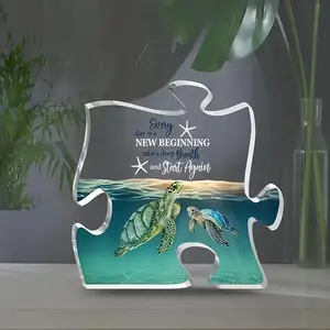 Sea Turtle Pattern Acrylic Puzzle Shaped Desktop Plaque, Creative Double Sided Desktop Ornaments, Desk Decorations, Home Decor, Desk Signs Ornament, Desk Signage Decoration, Novelty Desk Decor, Home Office Decoration