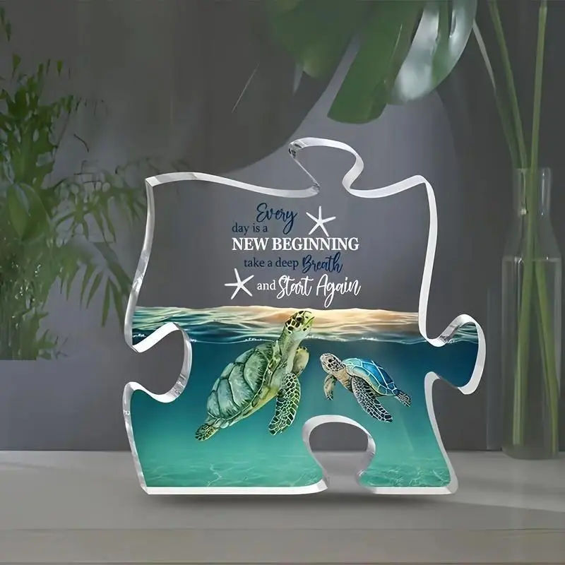 Sea Turtle Pattern Acrylic Puzzle Shaped Desktop Plaque, Creative Double Sided Desktop Ornaments, Desk Decorations, Home Decor, Desk Signs Ornament, Desk Signage Decoration, Novelty Desk Decor, Home Office Decoration Decorative Clear
