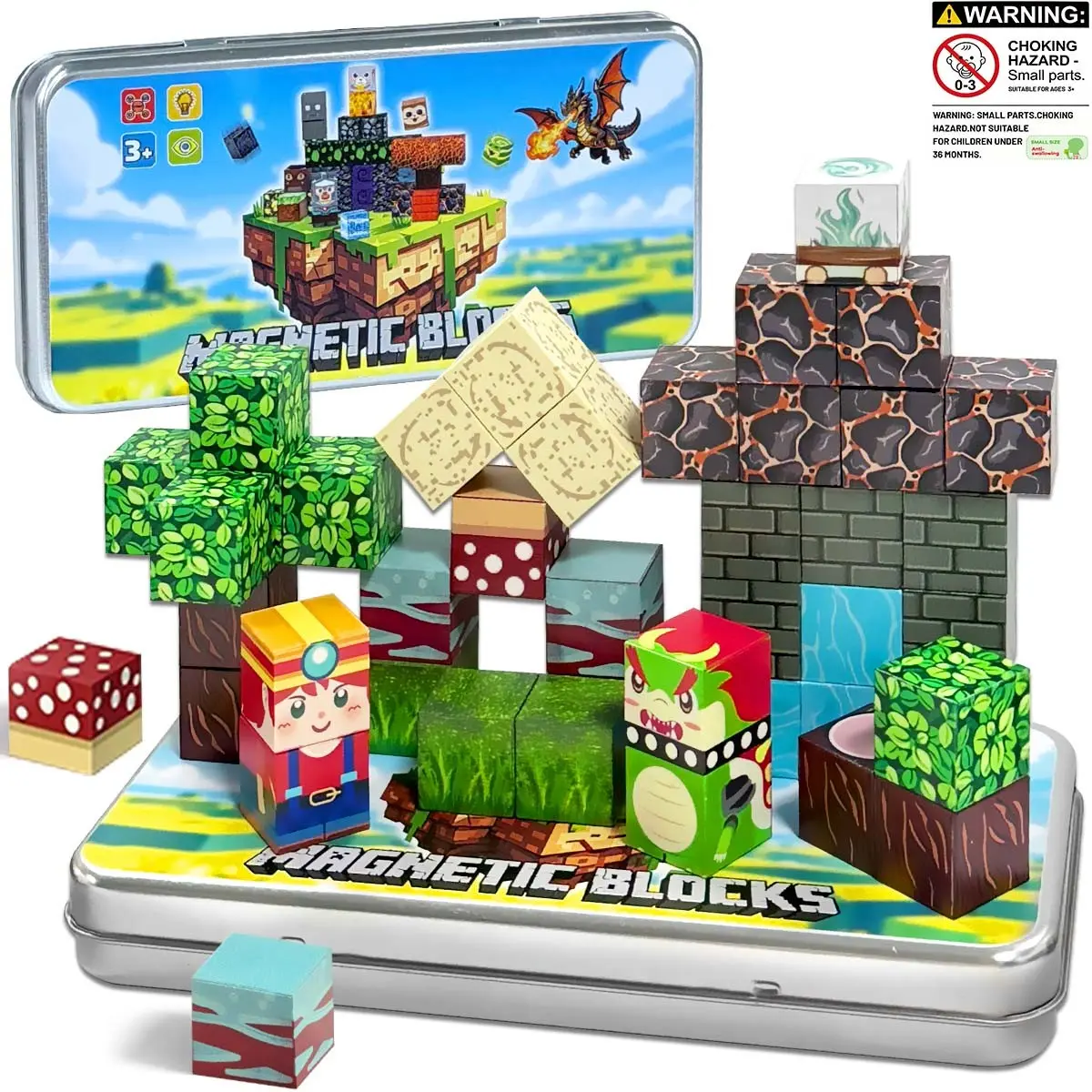 35pcs Magnetic Blocks Toys Set, Dinosaur Adventure Theme, Stem Building Toys for Kids, Creative Construction Kit, Birthday Gift for Boys Girls