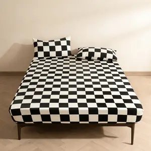 Classic Plaid Print Bed Skirt Set, Includes 1 Fitted Sheet and 2 Pillowcases No Any Fillings, Breathable Polyester Fiber, Suitable for Bedroom and Guest Room