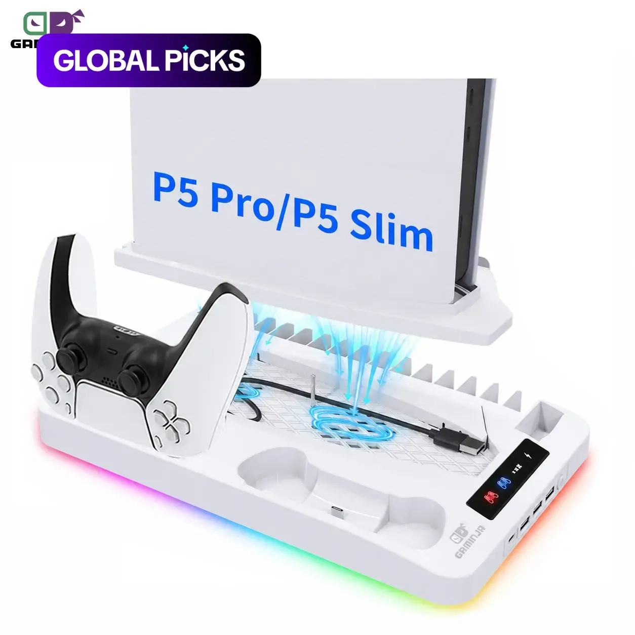 GAMINJA P58 Charging Base Cooling Bracket Compatible With PS5 Console, Vertical Stand Cooling Fan, Multi-functional Cooling & Charging Station for PS5 Slim Pro All Model Universal